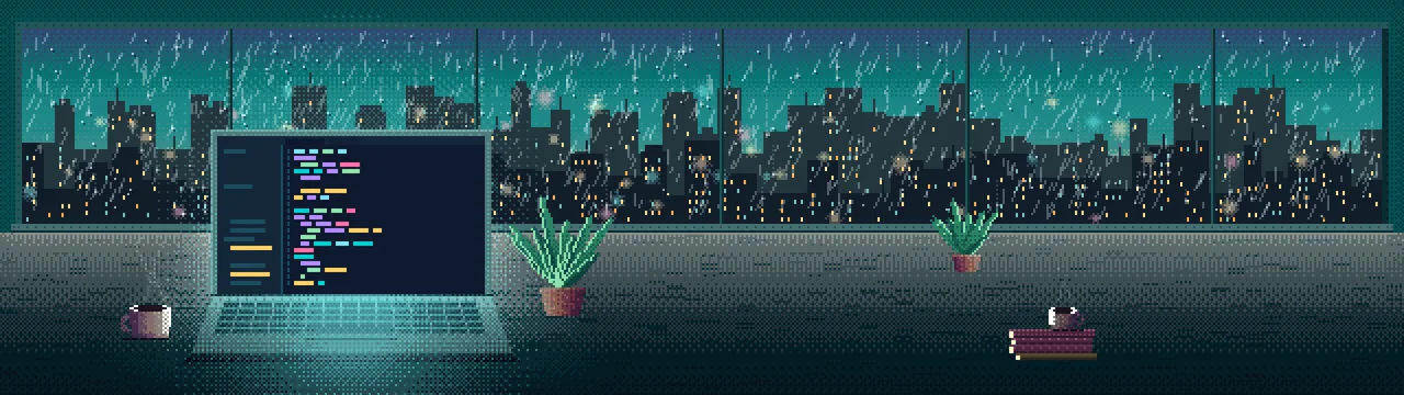 Teal Pixel Art Laptop by a Rainy Window dual monitor wallpaper, 7680 × 2160