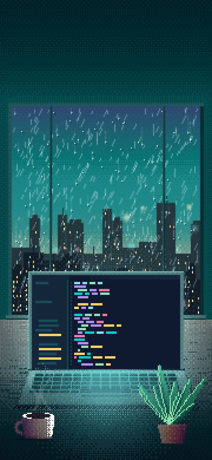 Teal Pixel Art Laptop by a Rainy Window wallpaper for iPhone and Android