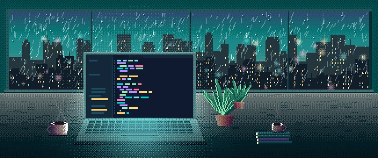Teal Pixel Art Laptop by a Rainy Window ultrawide wallpaper, 3440 × 1440