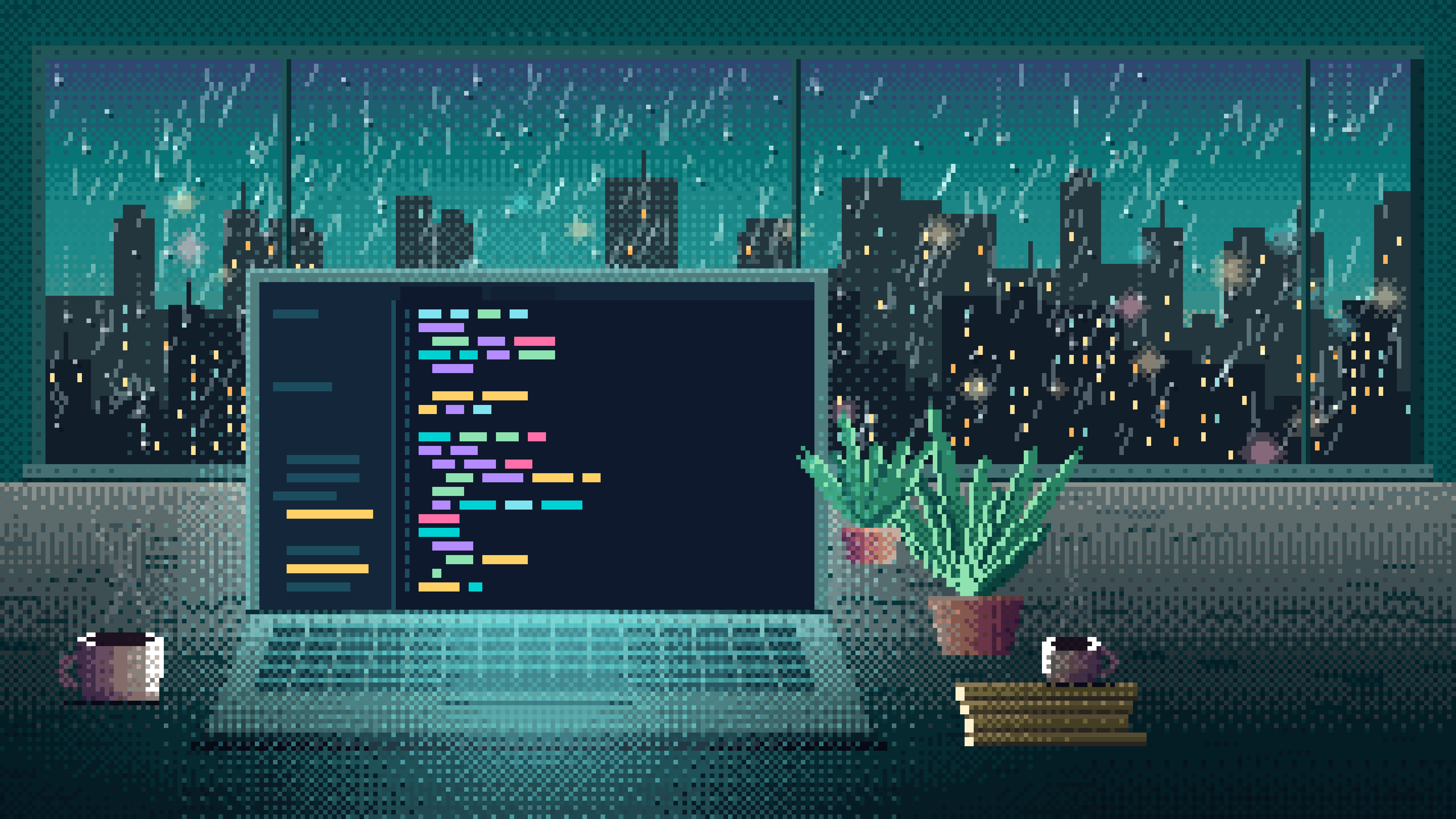 Teal Pixel Art Laptop by a Rainy Window desktop wallpaper in 4K