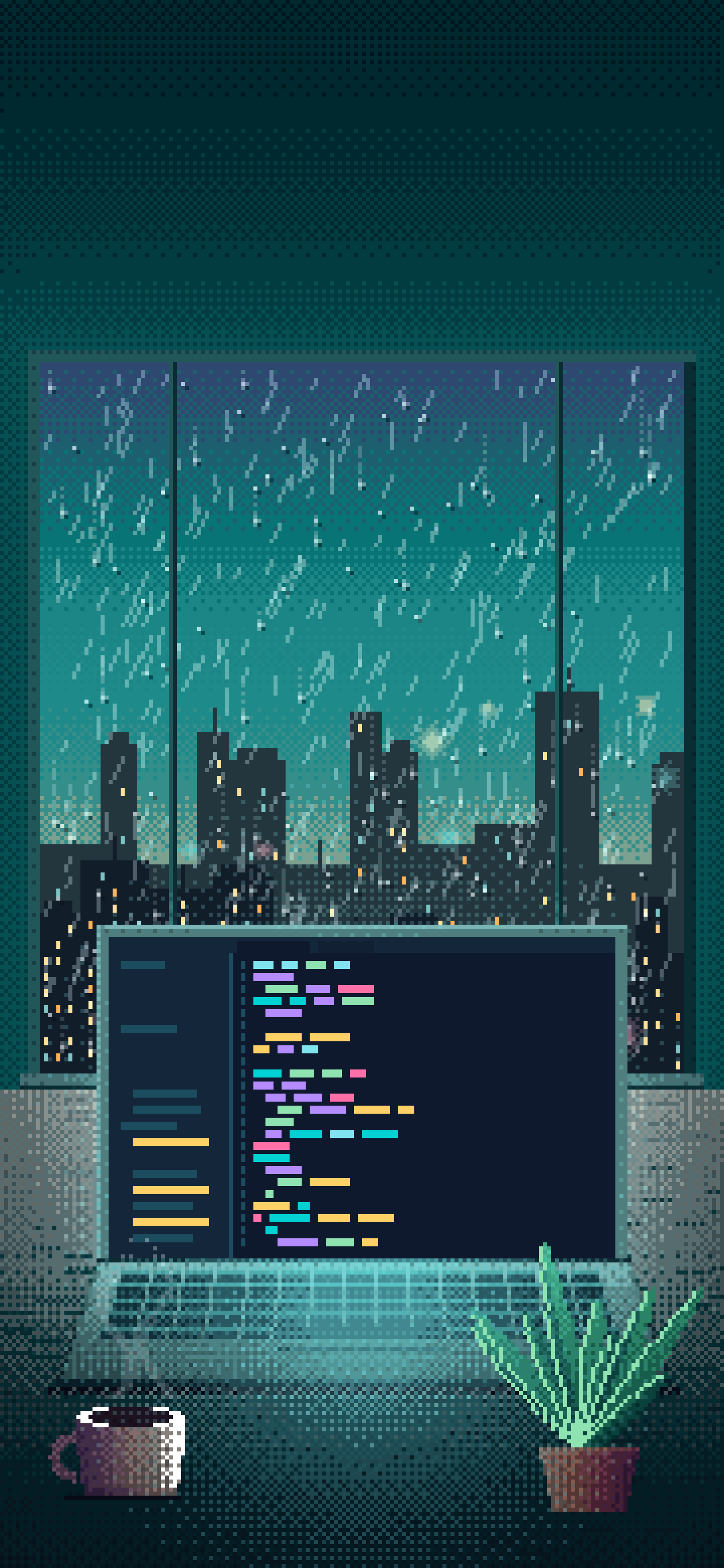 Teal Pixel Art Laptop by a Rainy Window wallpaper for iPhone and Android
