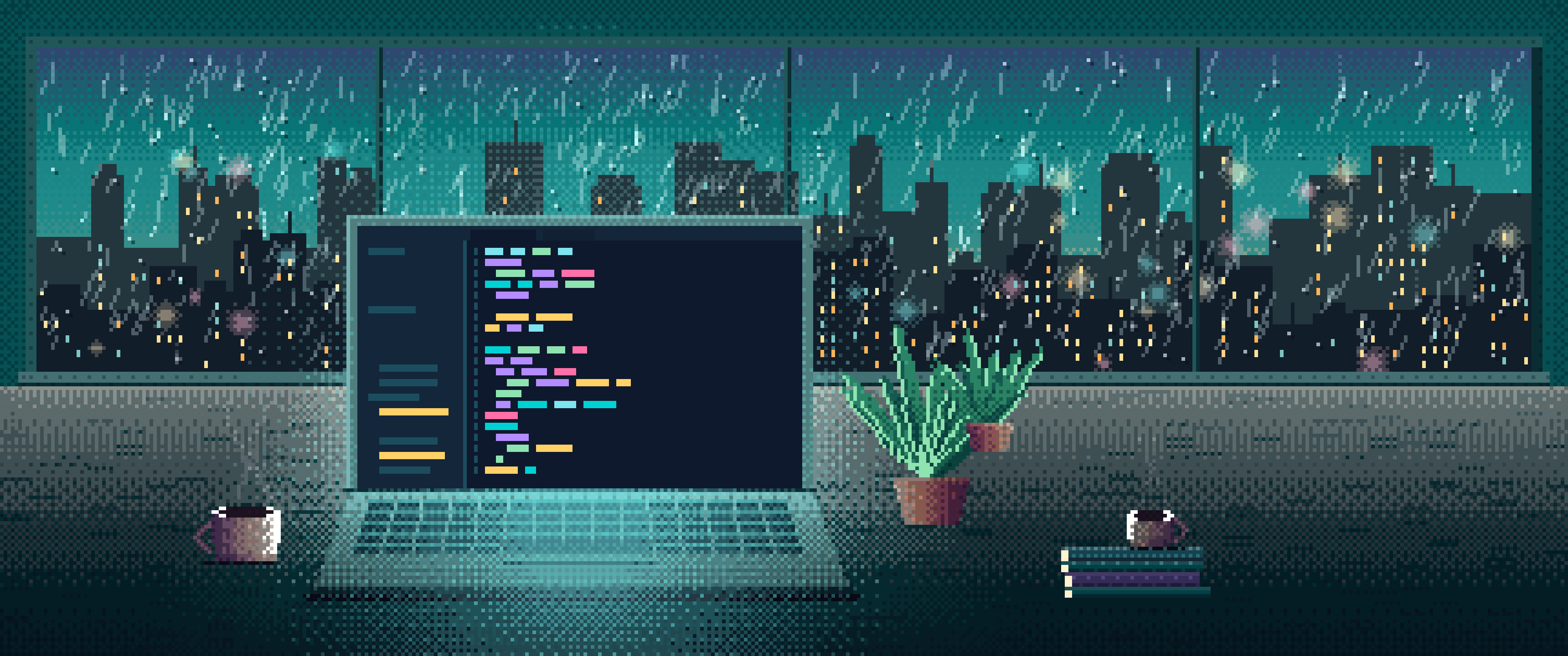 Teal Pixel Art Laptop by a Rainy Window ultrawide wallpaper, 3440 × 1440
