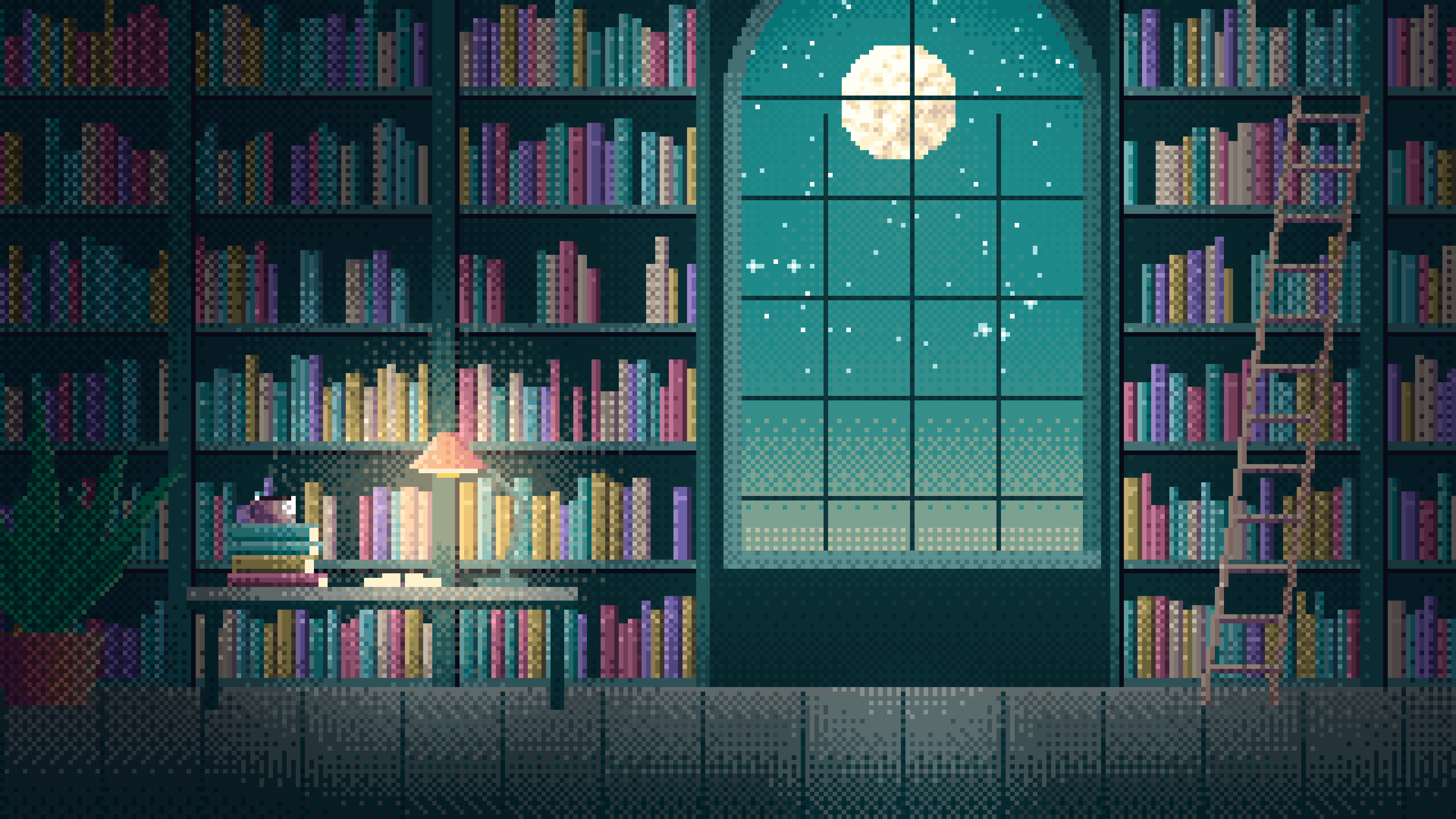 Teal Pixel Art Library desktop wallpaper in 4K