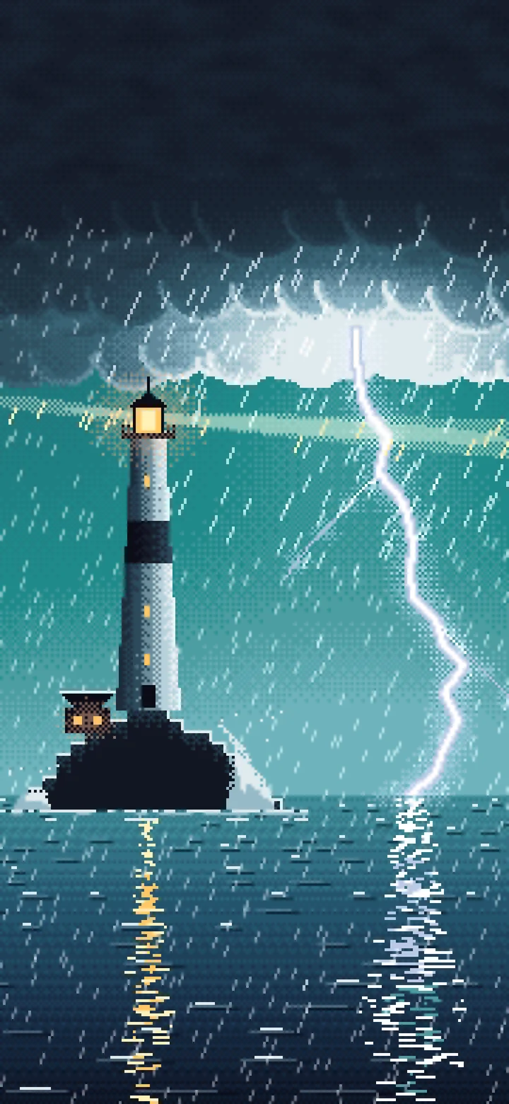 Teal Pixel Art Lighthouse in a Lightning Storm wallpaper for iPhone and Android