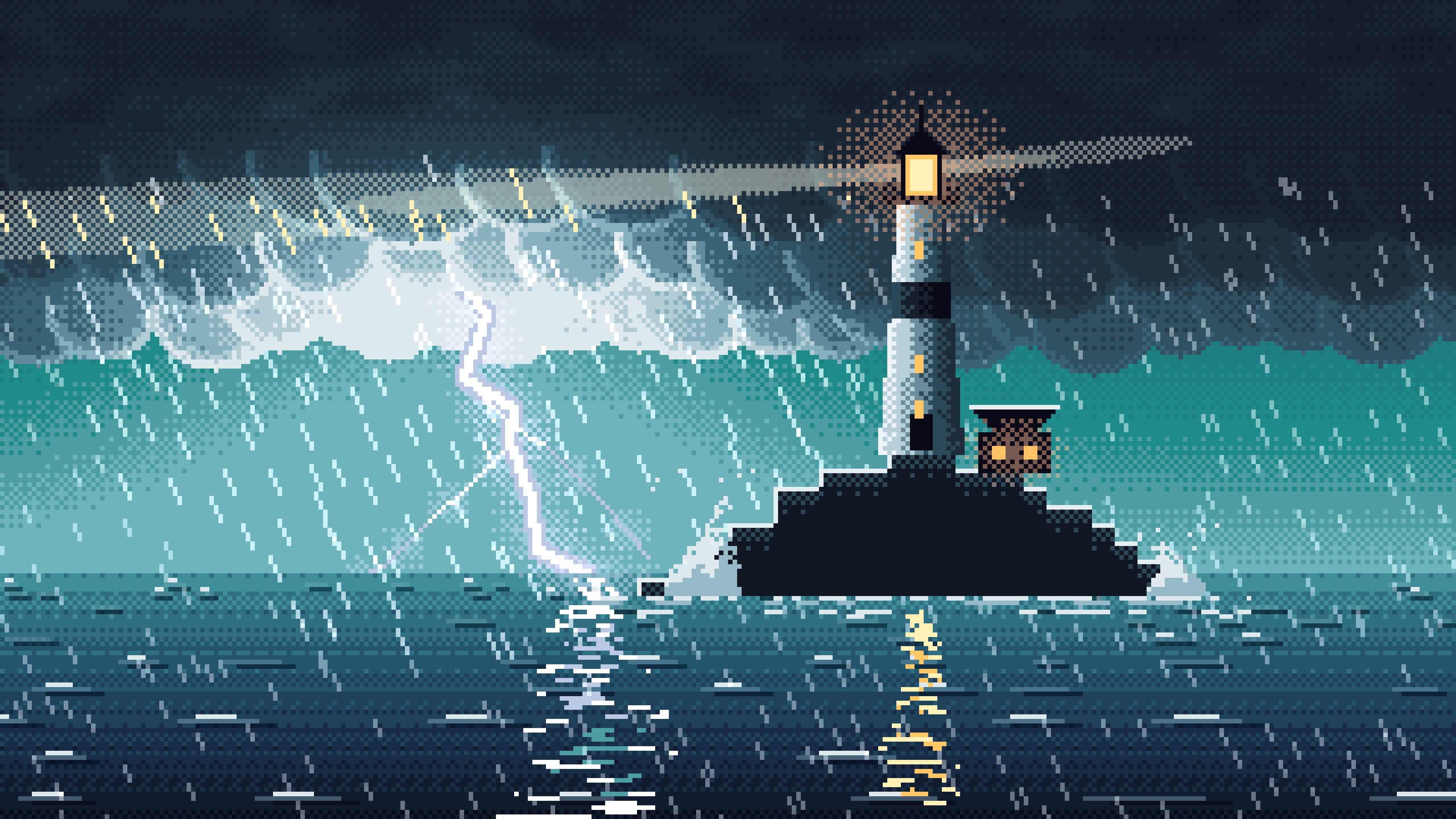 Teal Pixel Art Lighthouse in a Lightning Storm desktop wallpaper in 4K