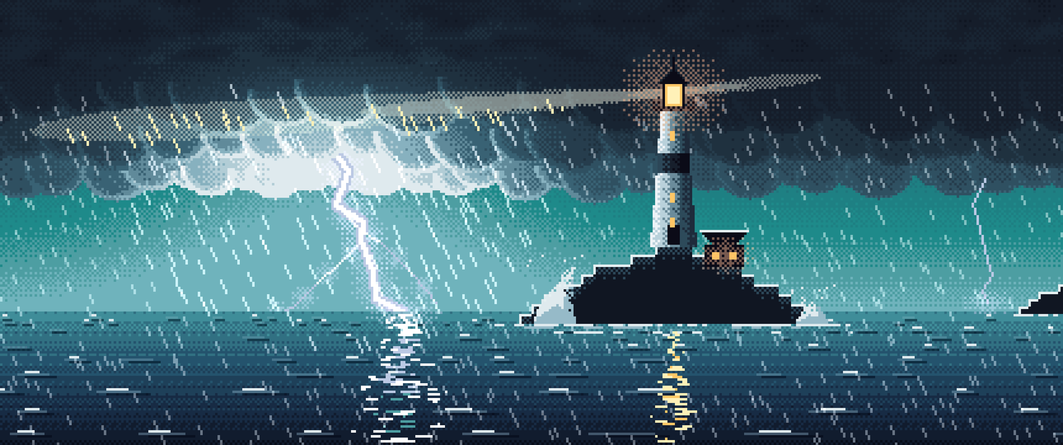 Teal Pixel Art Lighthouse in a Lightning Storm ultrawide wallpaper, 3440 × 1440