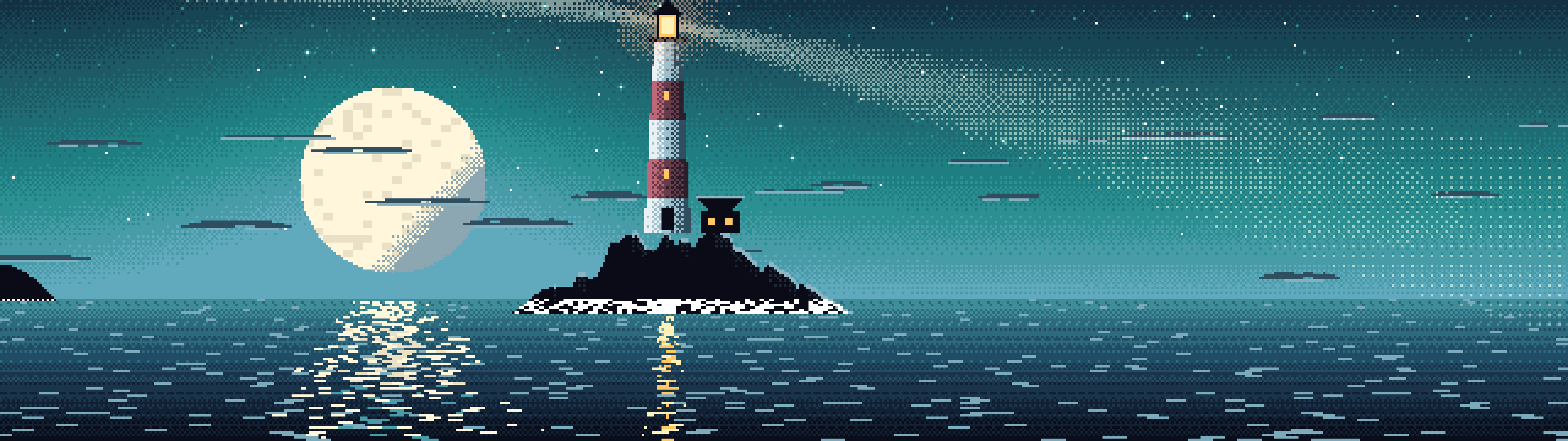 Teal Pixel Art Lighthouse dual monitor wallpaper, 7680 × 2160