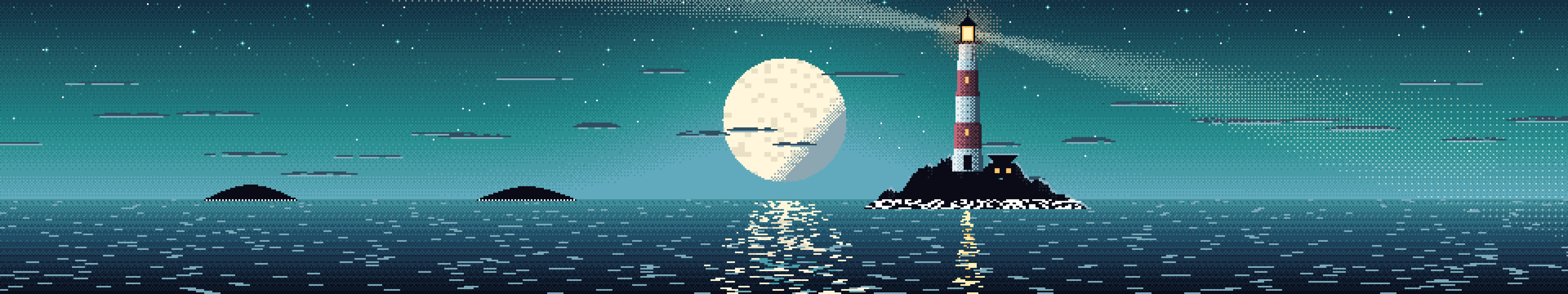 Teal Pixel Art Lighthouse triple monitor wallpaper, 7680 × 1440