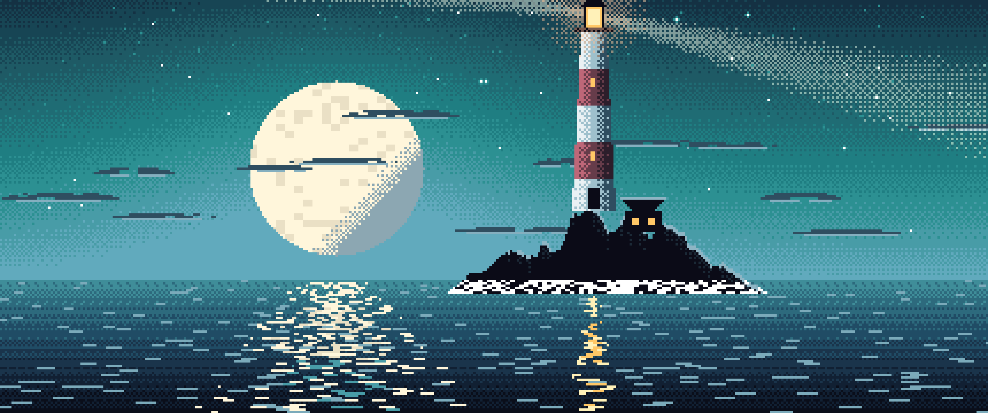 Teal Pixel Art Lighthouse ultrawide wallpaper, 3440 × 1440