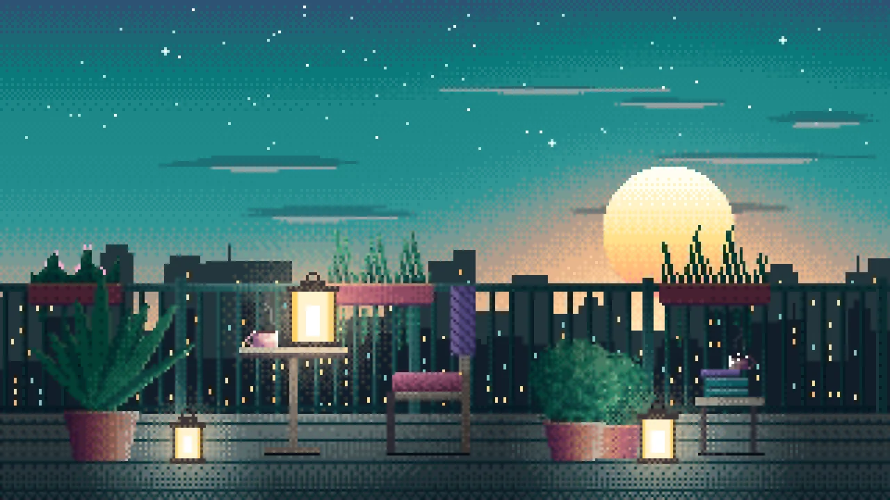 Teal Pixel Art Lofi Balcony at Dusk desktop wallpaper in 4K