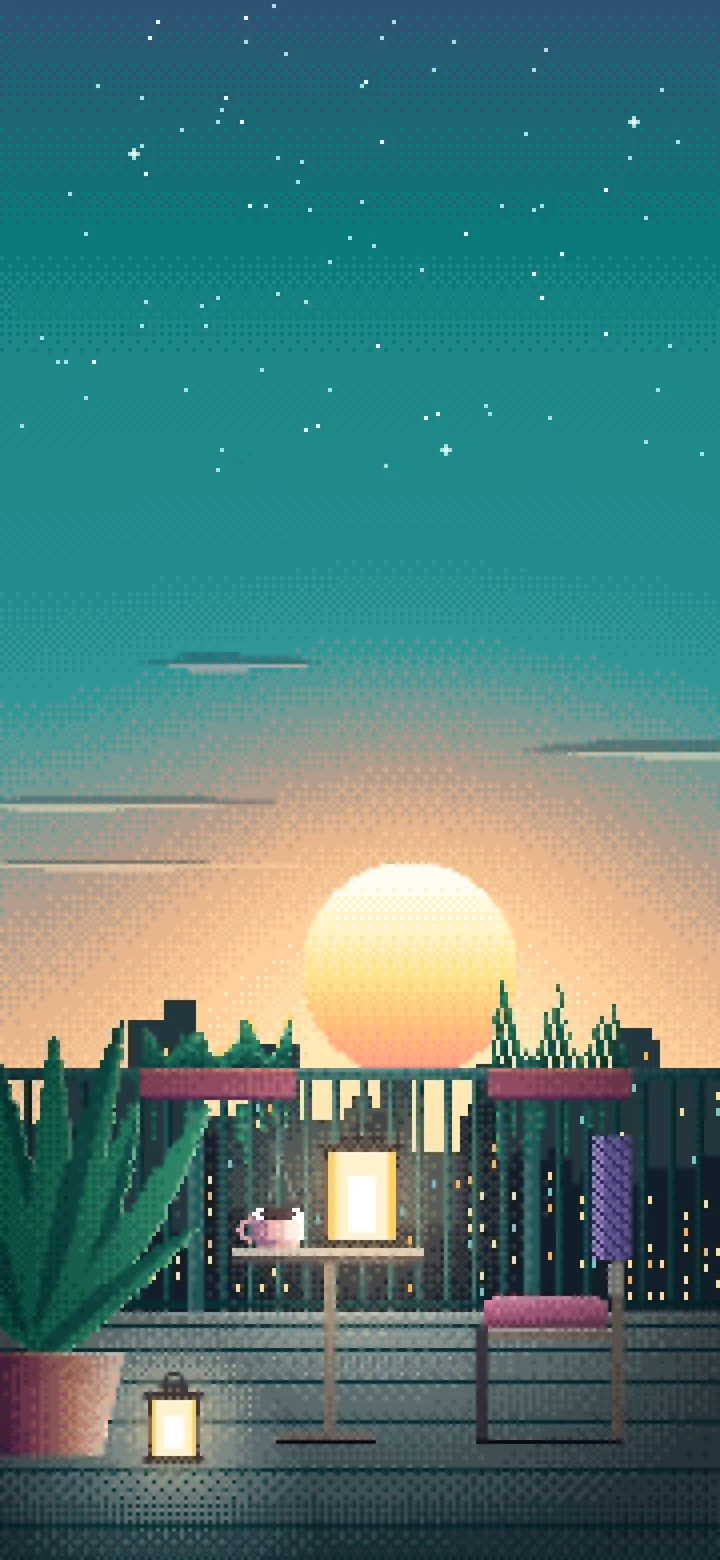 Teal Pixel Art Lofi Balcony at Dusk wallpaper for iPhone and Android