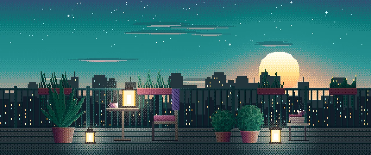 Teal Pixel Art Lofi Balcony at Dusk ultrawide wallpaper, 3440 × 1440