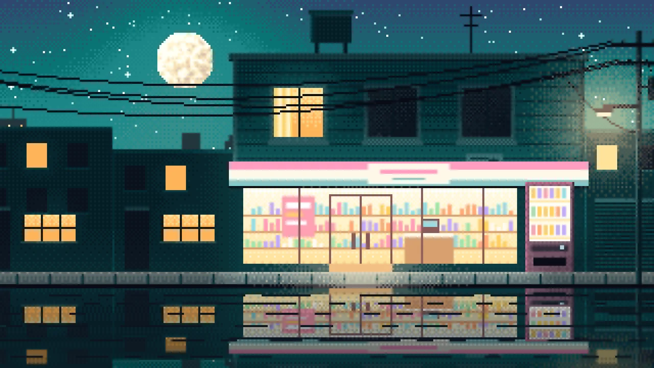 Teal Pixel Art Lofi Convenience Store at Night desktop wallpaper in 4K