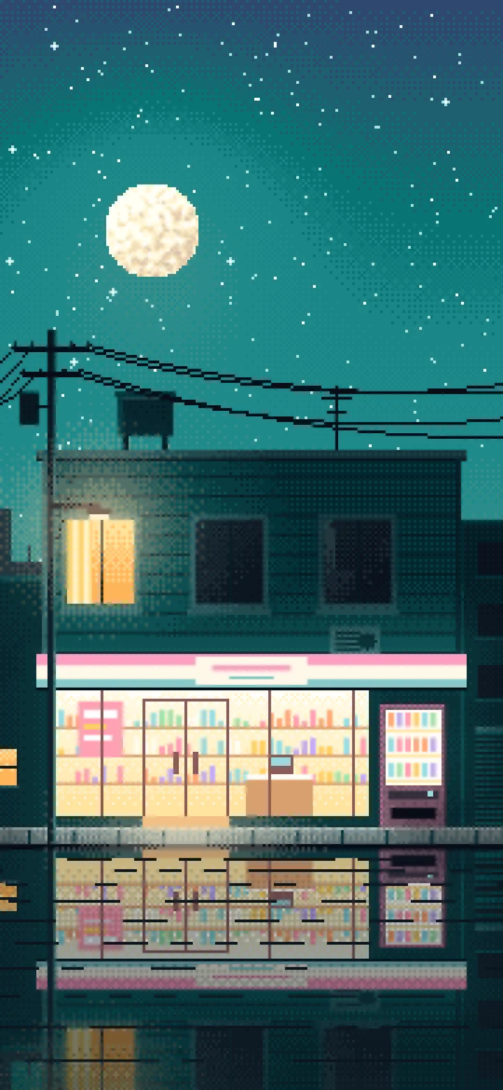 Teal Pixel Art Lofi Convenience Store at Night wallpaper for iPhone and Android