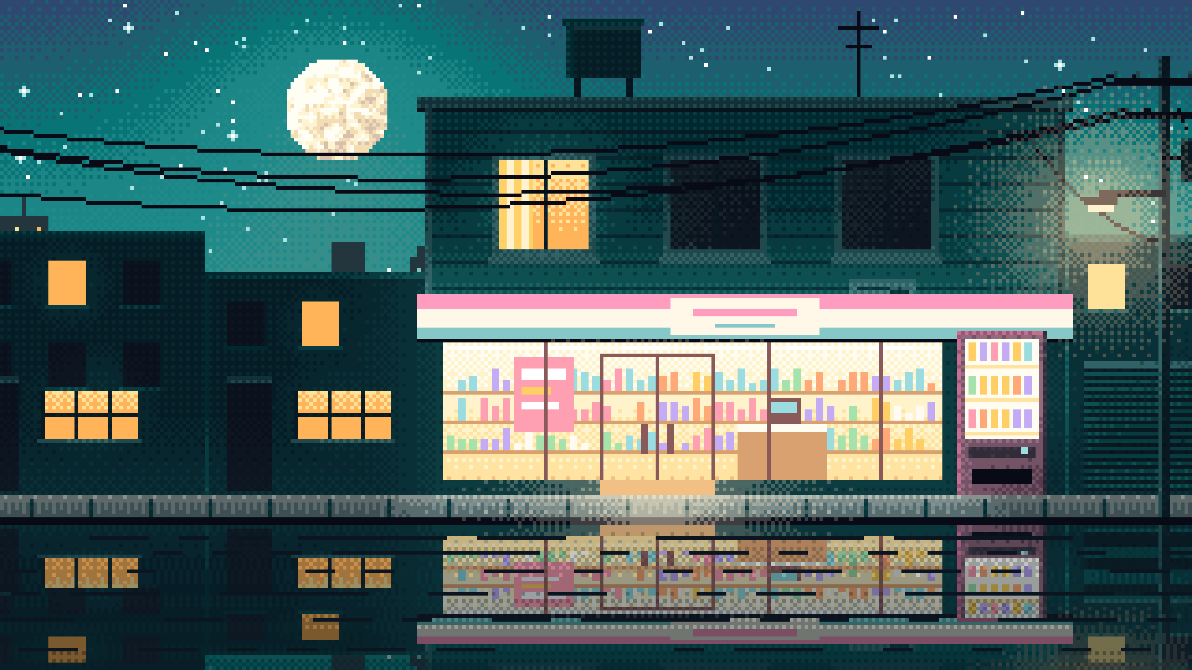 Teal Pixel Art Lofi Convenience Store at Night desktop wallpaper in 4K