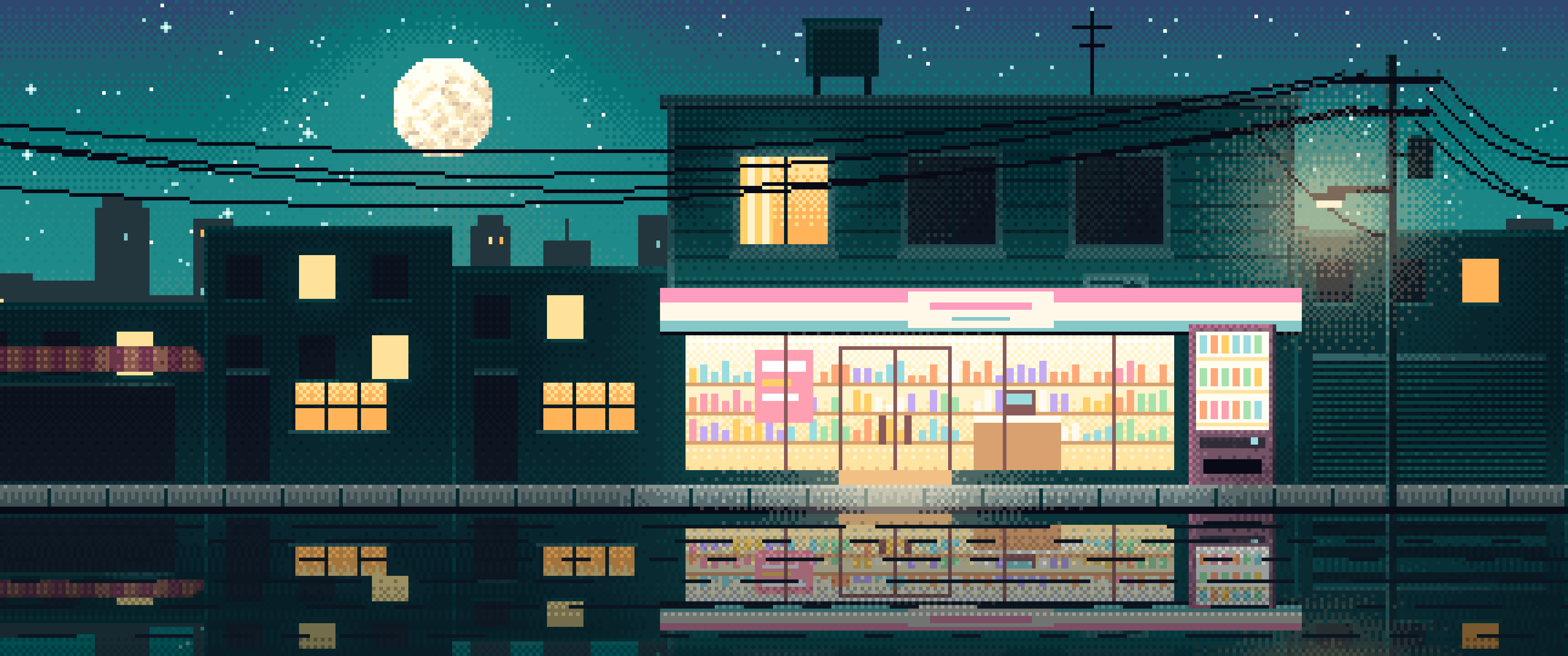 Teal Pixel Art Lofi Convenience Store at Night ultrawide wallpaper, 3440 × 1440