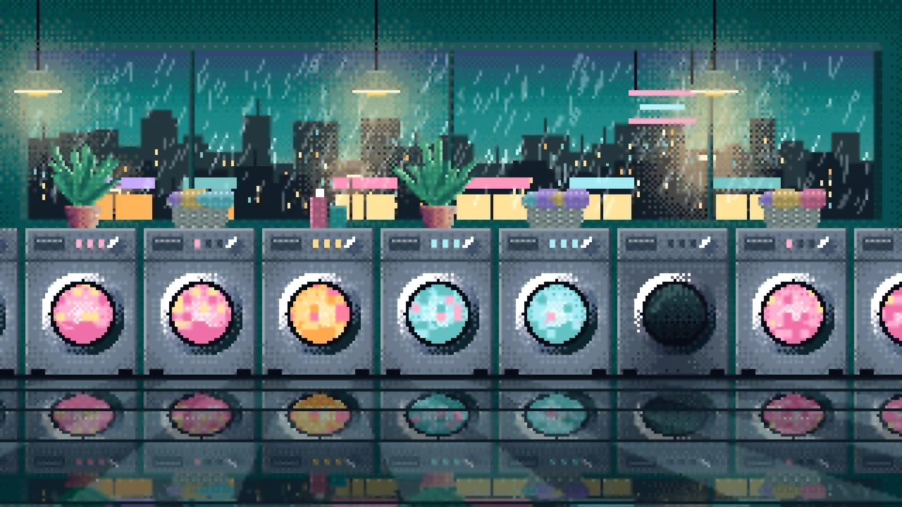 Teal Pixel Art Lofi Laundromat at Night desktop wallpaper in 4K