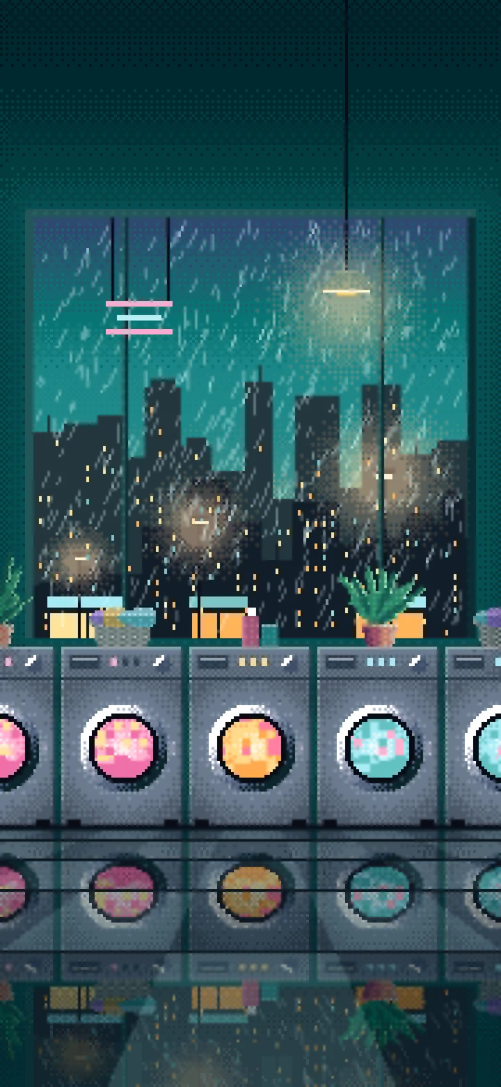 Teal Pixel Art Lofi Laundromat at Night wallpaper for iPhone and Android