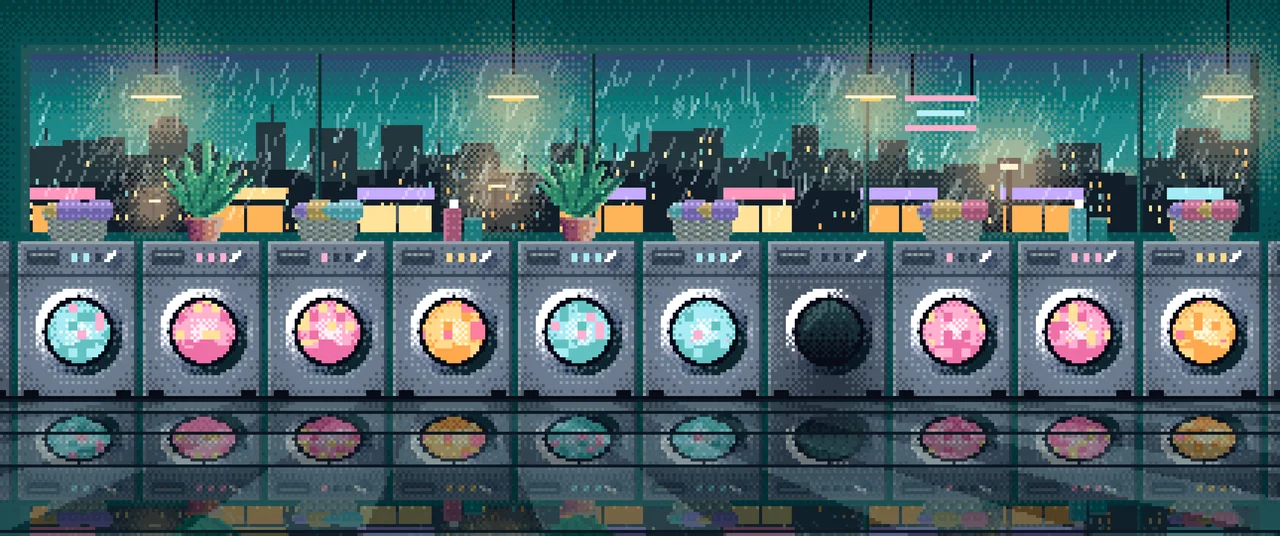 Teal Pixel Art Lofi Laundromat at Night ultrawide wallpaper, 3440 × 1440