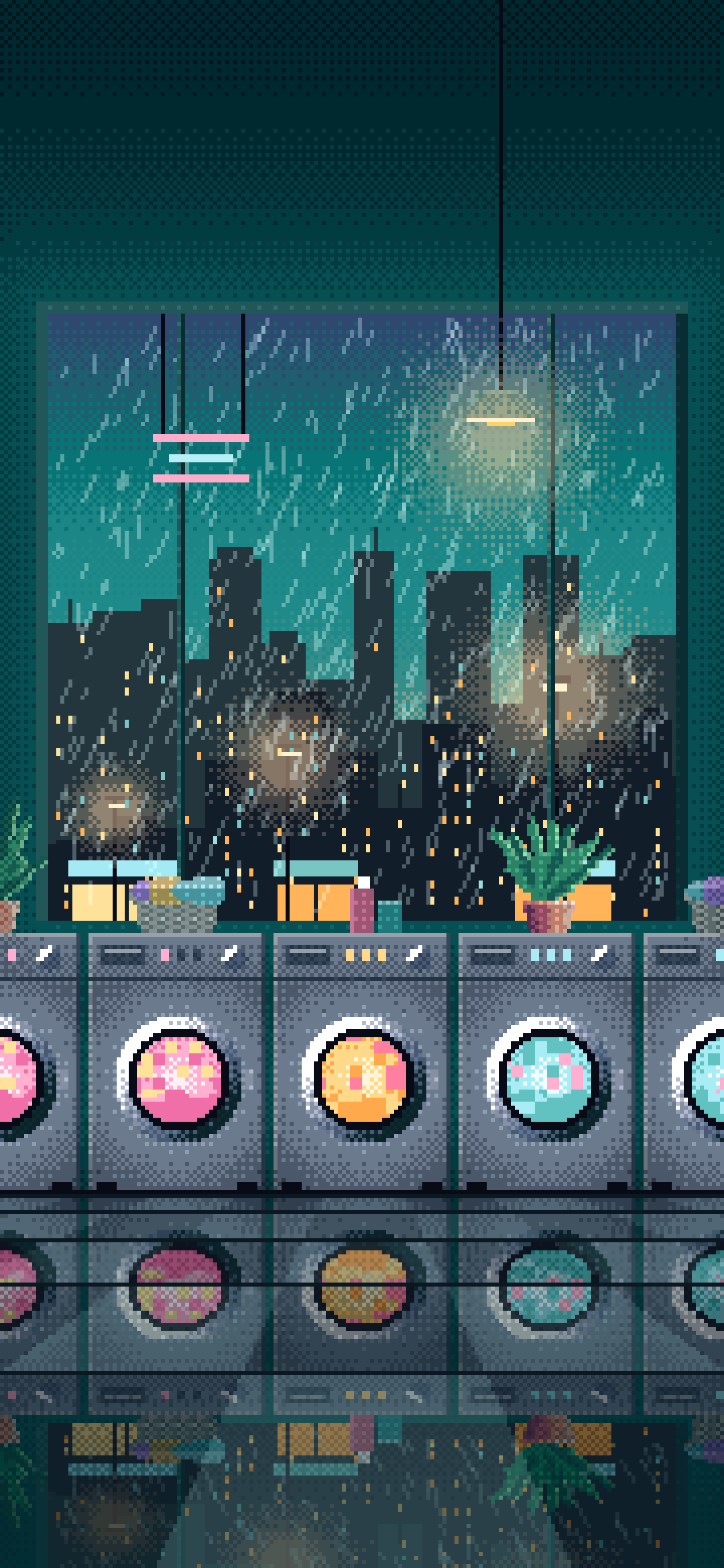 Teal Pixel Art Lofi Laundromat at Night wallpaper for iPhone and Android