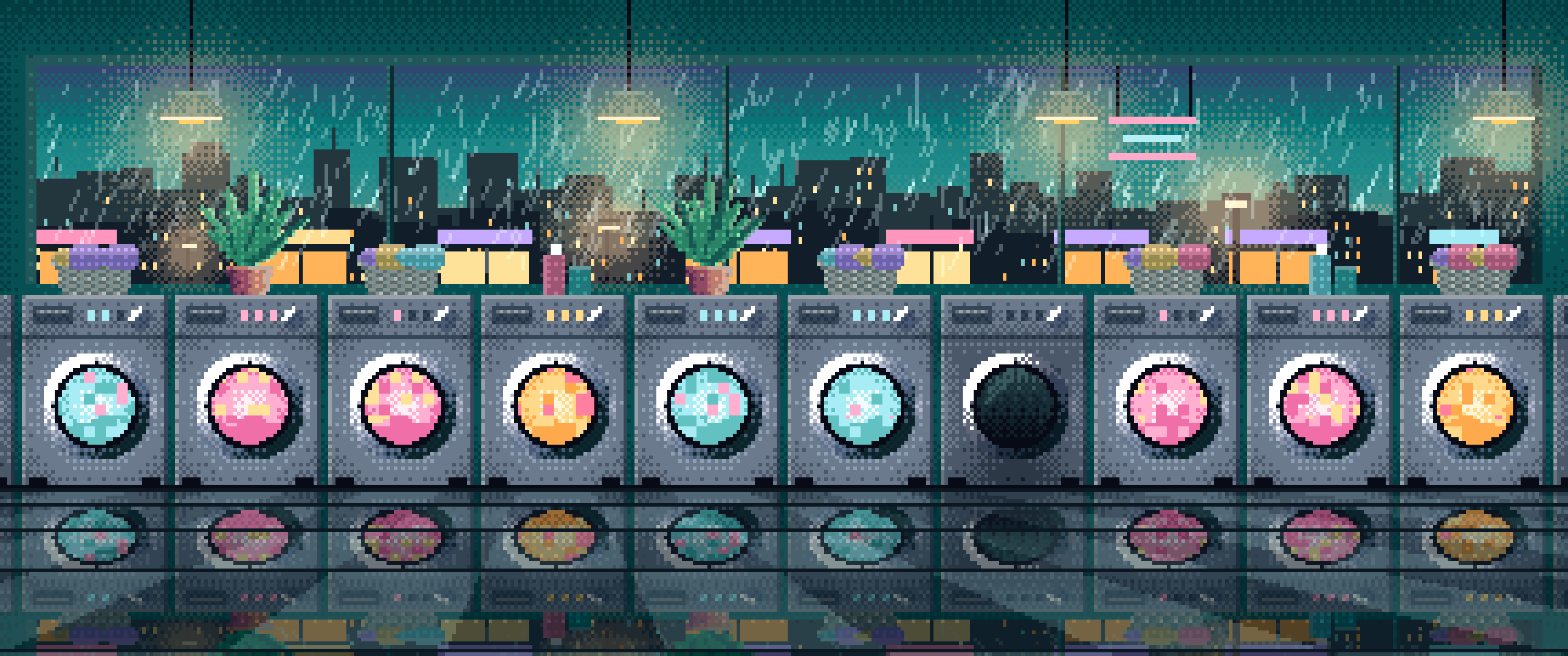Teal Pixel Art Lofi Laundromat at Night ultrawide wallpaper, 3440 × 1440