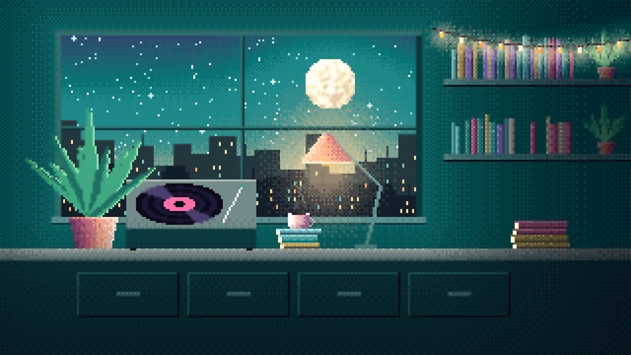 Teal Pixel Art Lofi Room desktop wallpaper in 4K