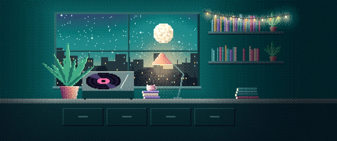 Teal Pixel Art Lofi Room ultrawide wallpaper, 3440 × 1440