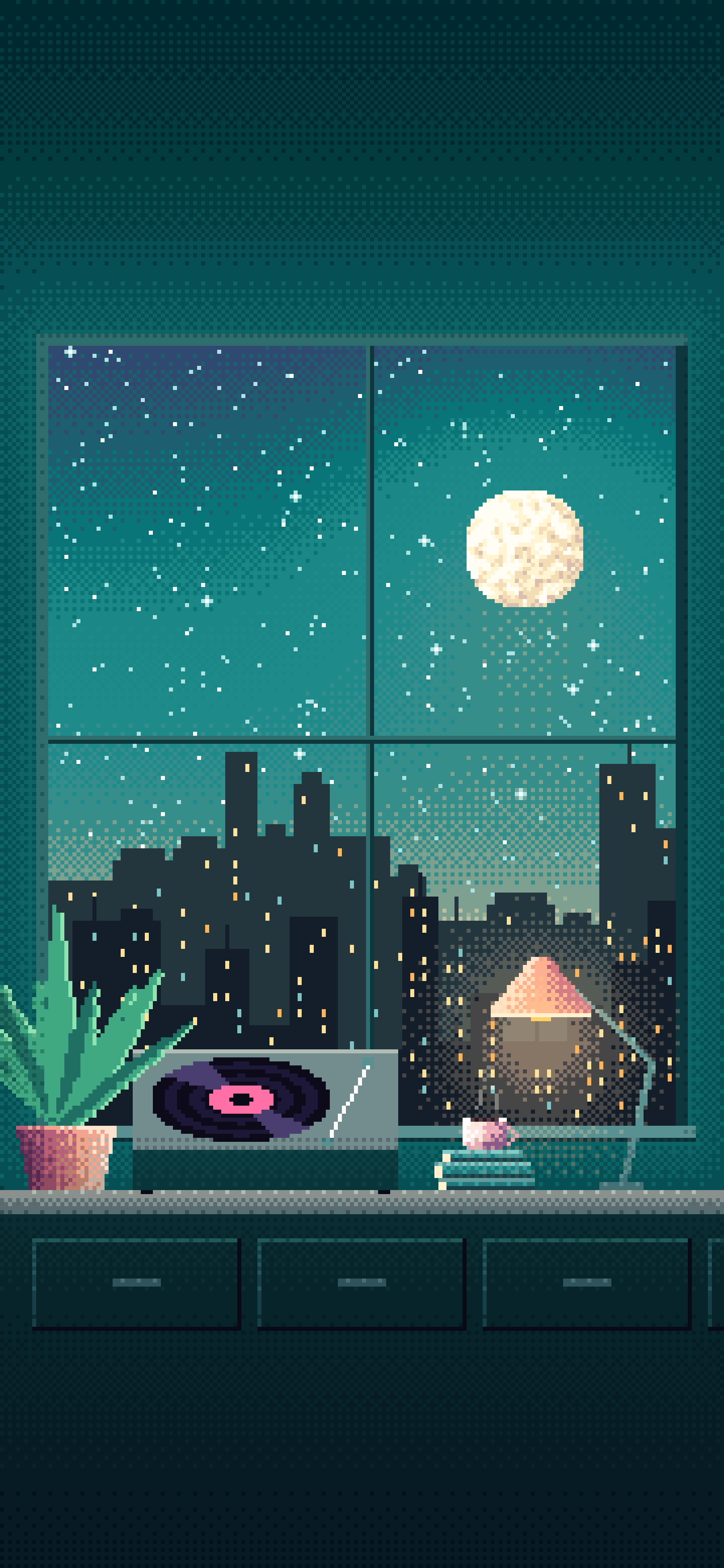 Teal Pixel Art Lofi Room wallpaper for iPhone and Android