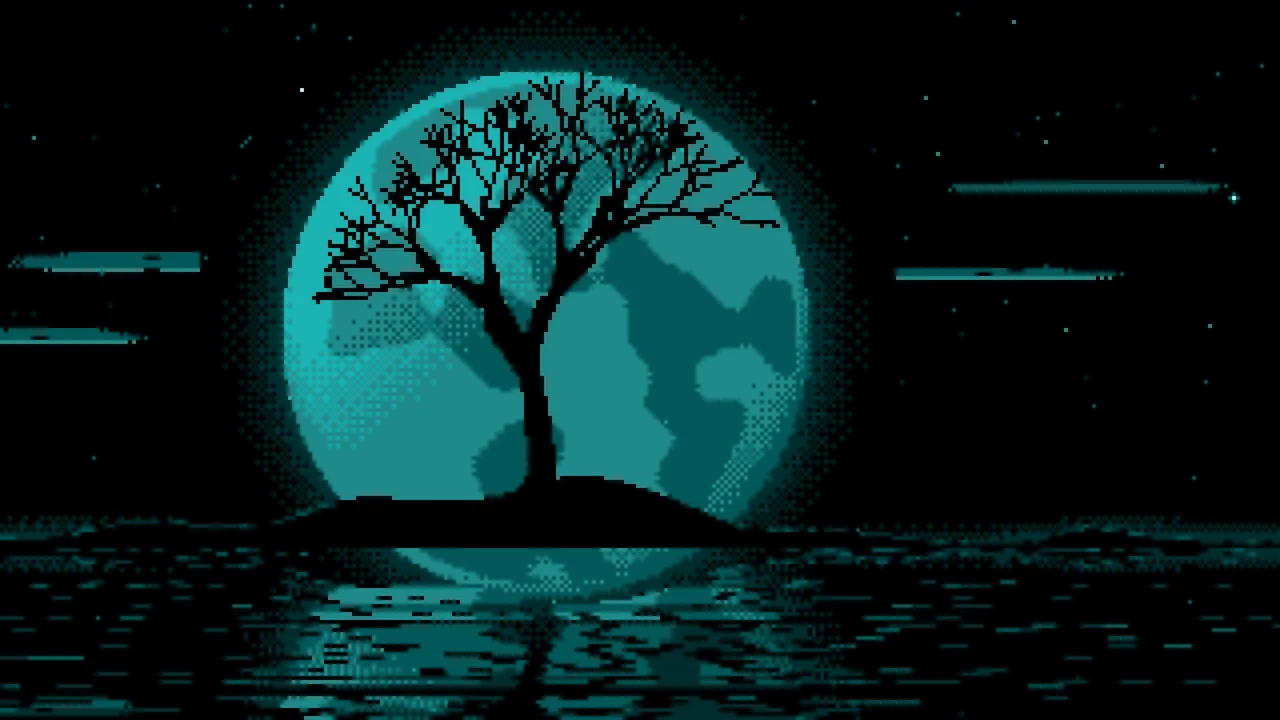 Teal Pixel Art Lone Tree and Full Moon desktop wallpaper in 4K