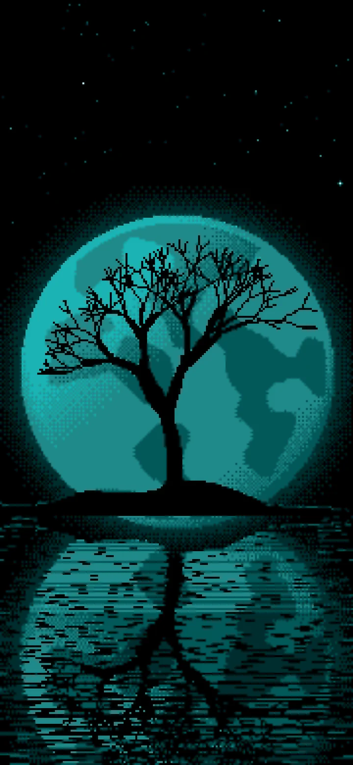 Teal Pixel Art Lone Tree and Full Moon wallpaper for iPhone and Android