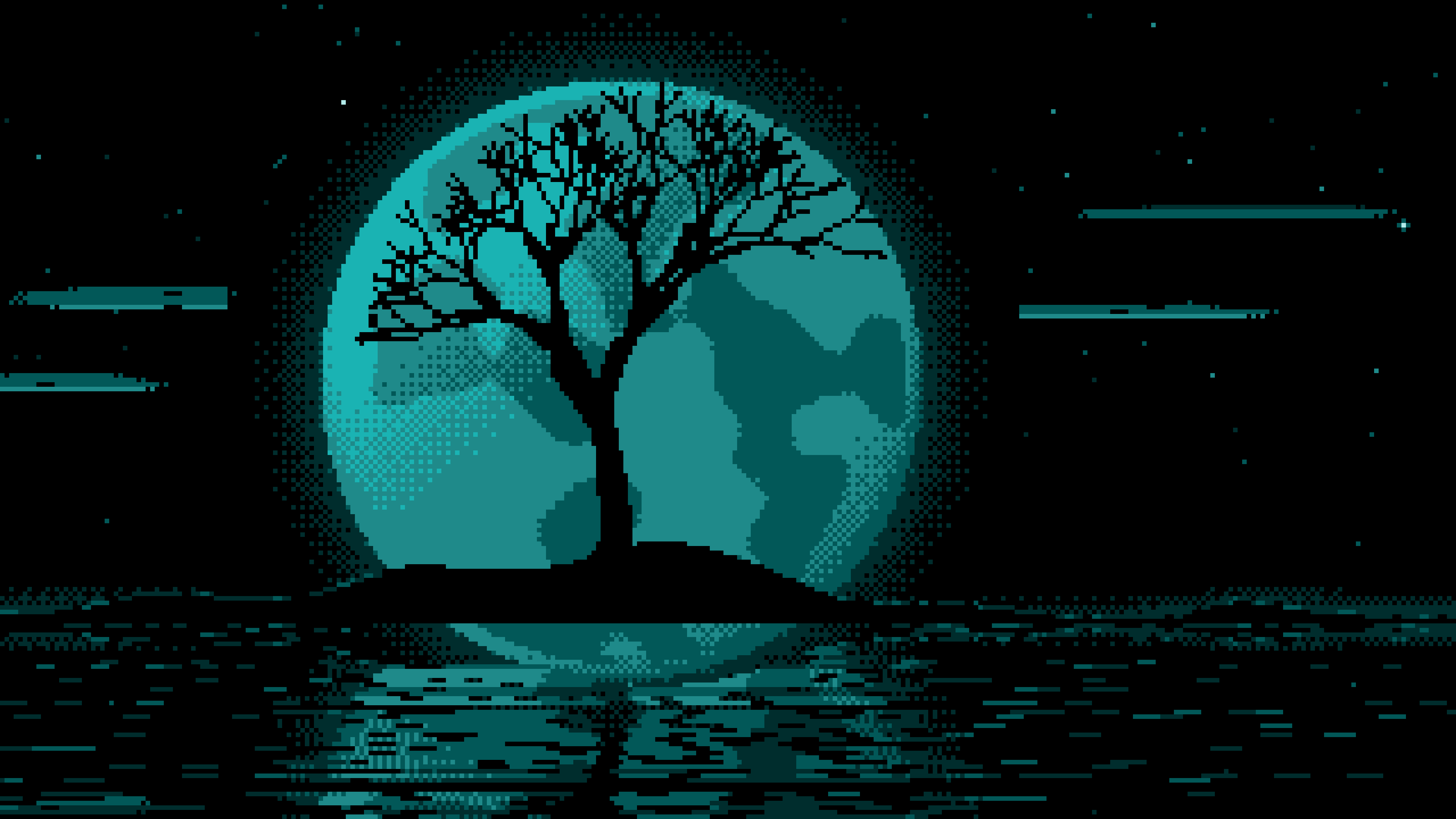 Teal Pixel Art Lone Tree and Full Moon desktop wallpaper in 4K