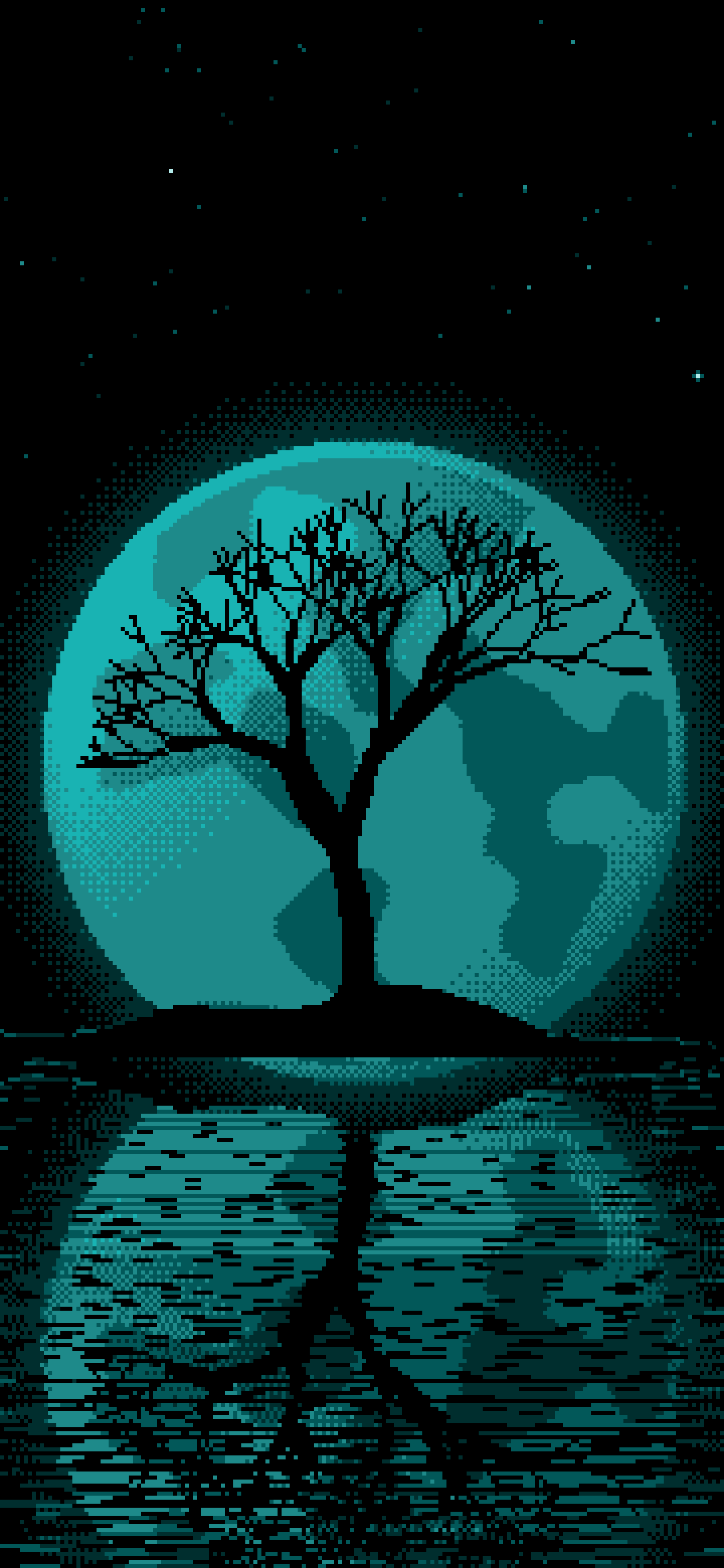 Teal Pixel Art Lone Tree and Full Moon wallpaper for iPhone and Android