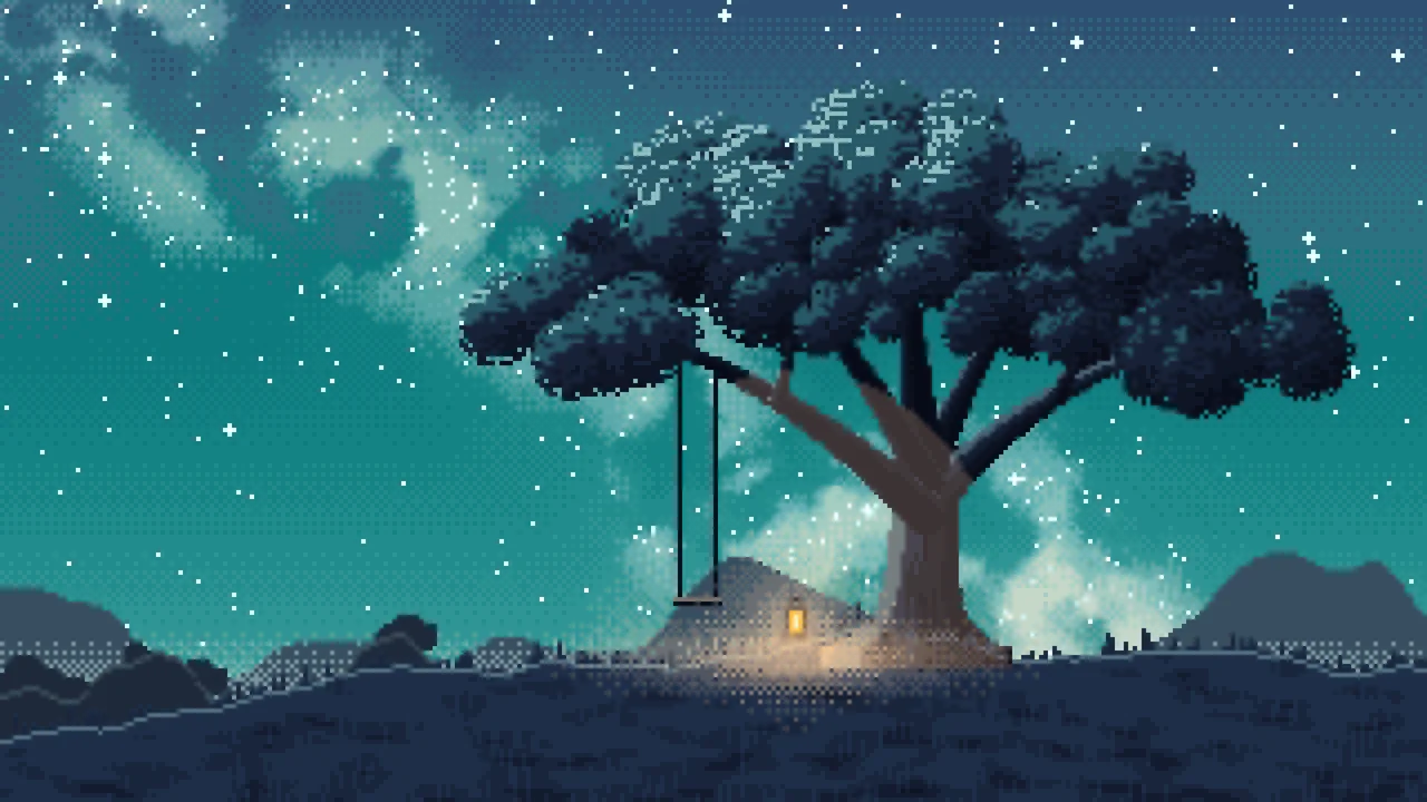 Teal Pixel Art Lone Tree Under the Stars desktop wallpaper in 4K