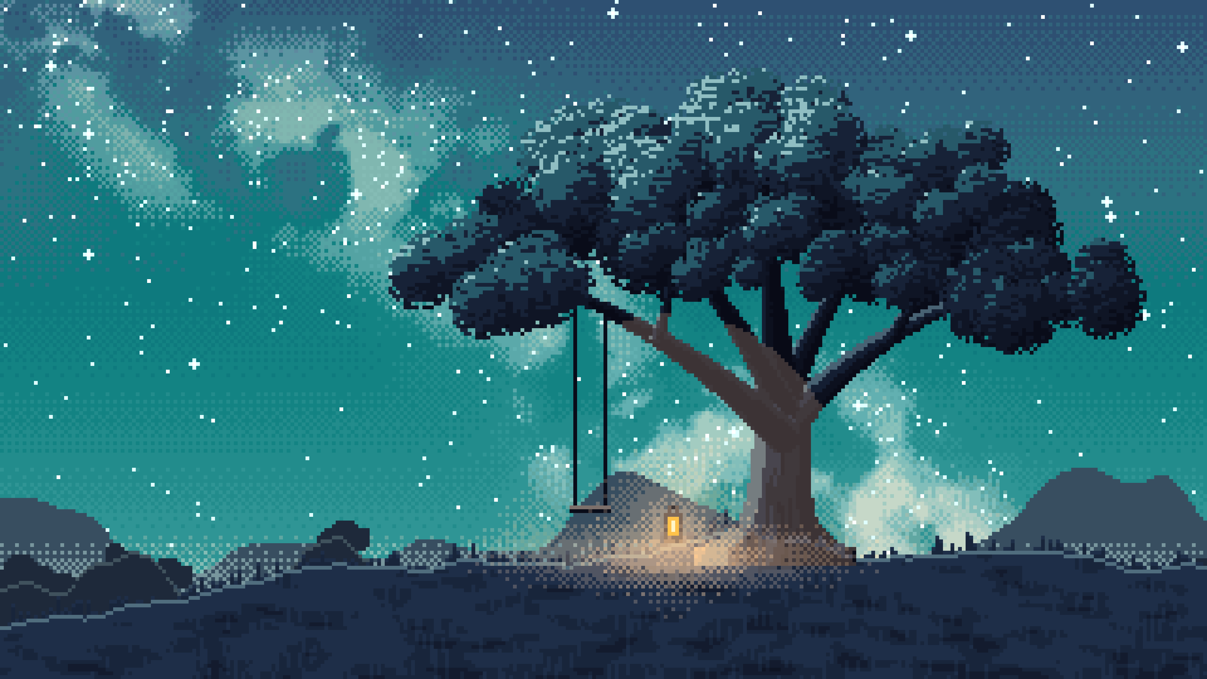 Teal Pixel Art Lone Tree Under the Stars desktop wallpaper in 4K