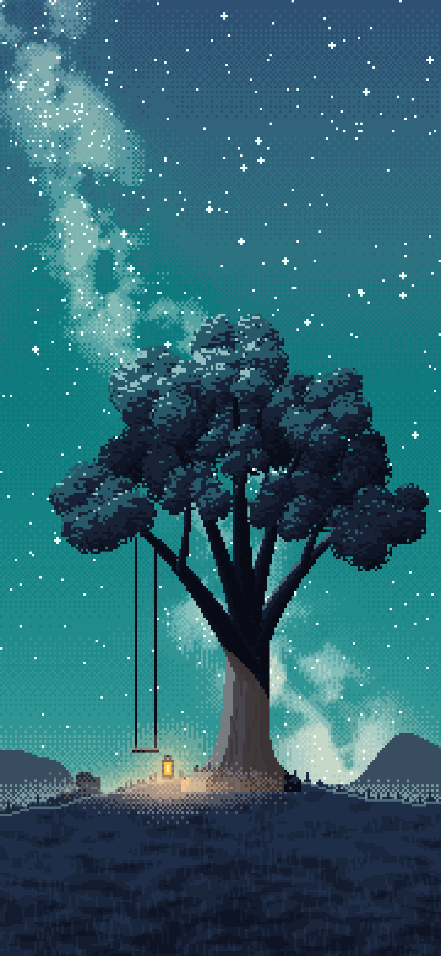 Teal Pixel Art Lone Tree Under the Stars wallpaper for iPhone and Android