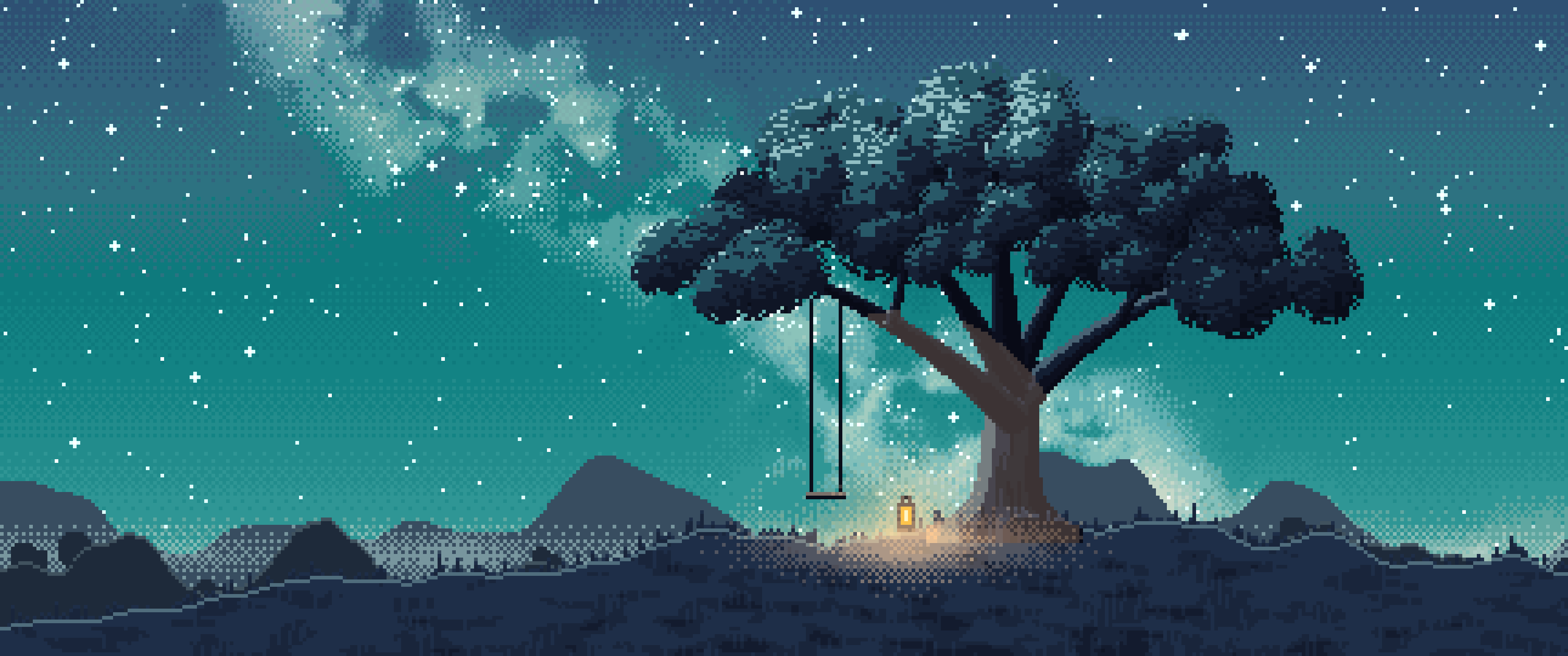 Teal Pixel Art Lone Tree Under the Stars ultrawide wallpaper, 3440 × 1440