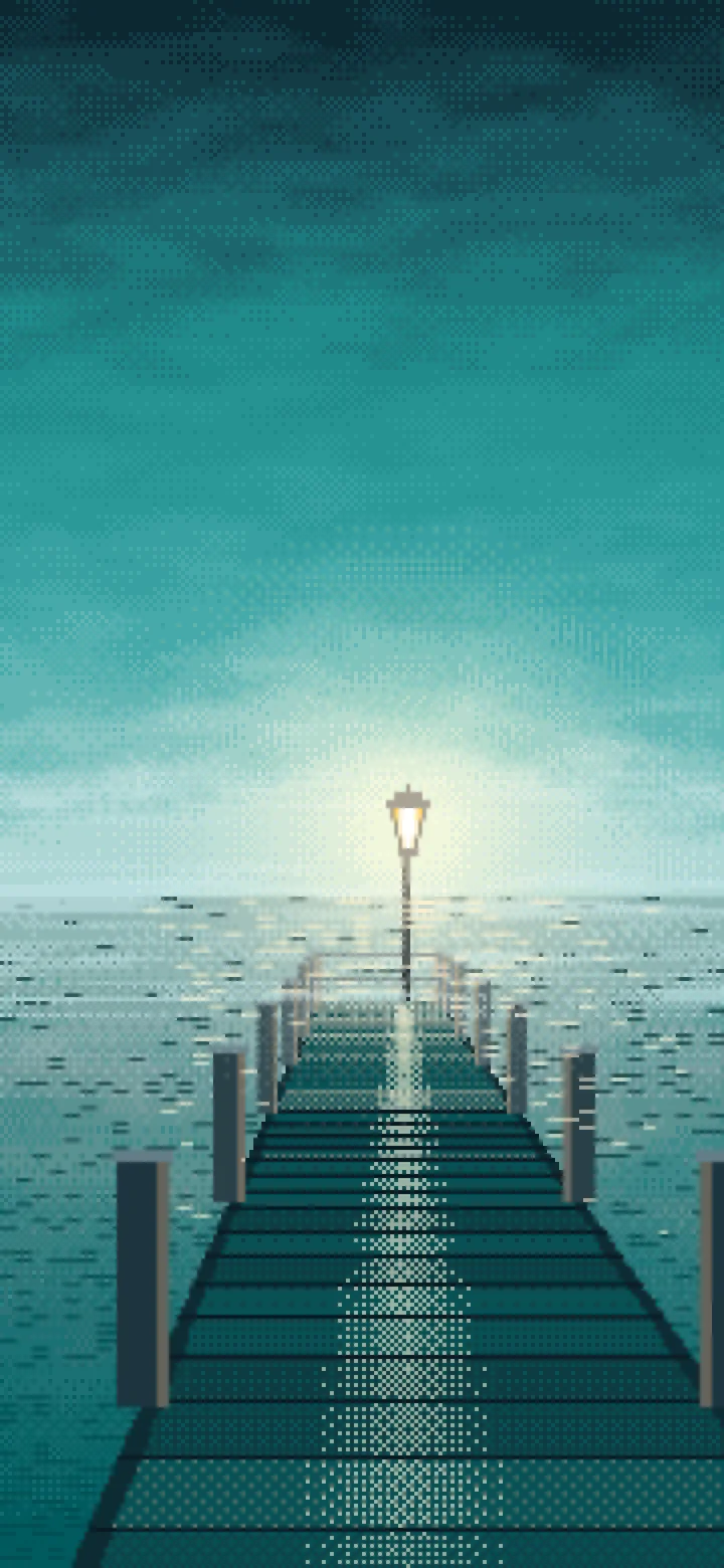 Teal Pixel Art Lonely Pier in the Fog wallpaper for iPhone and Android