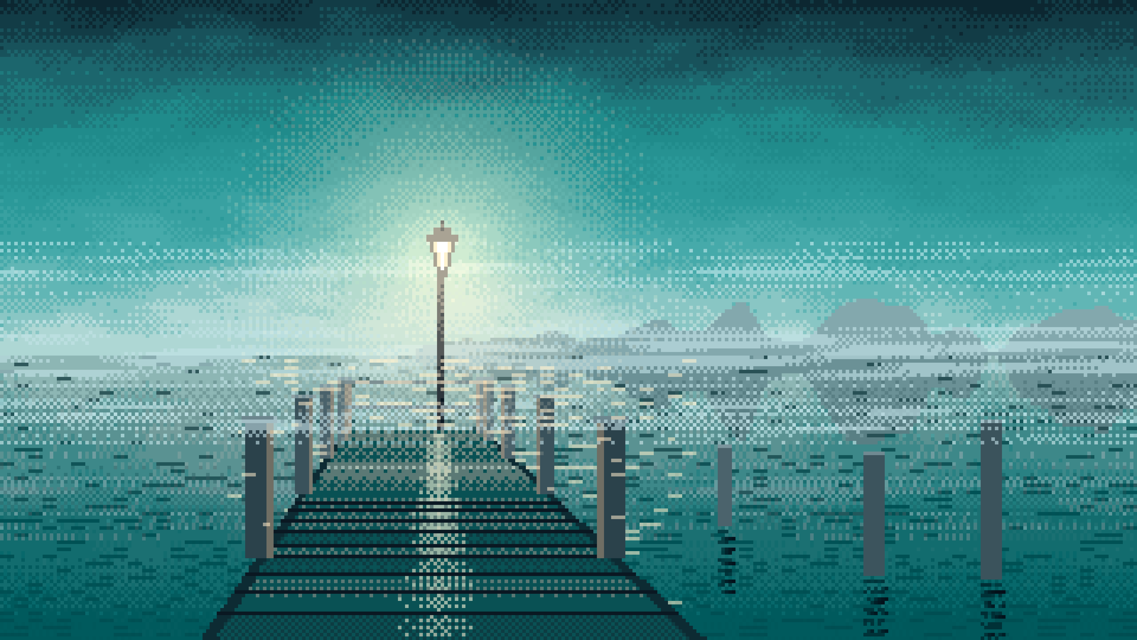 Teal Pixel Art Lonely Pier in the Fog desktop wallpaper in 4K