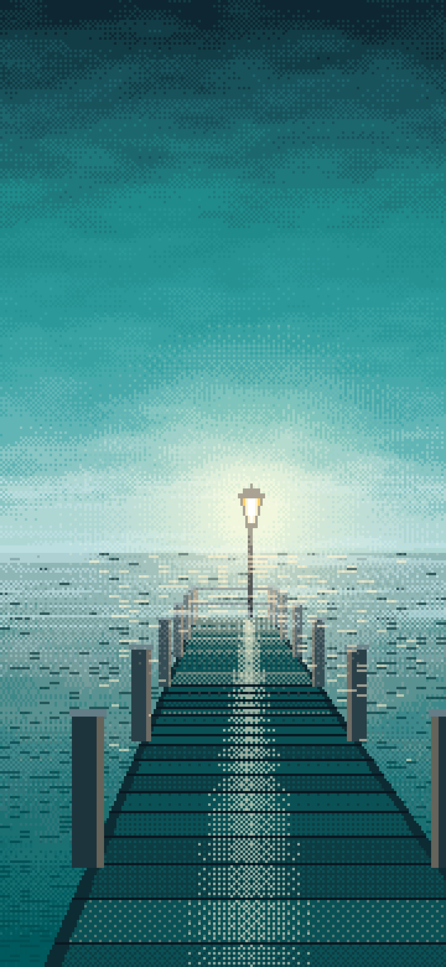 Teal Pixel Art Lonely Pier in the Fog wallpaper for iPhone and Android