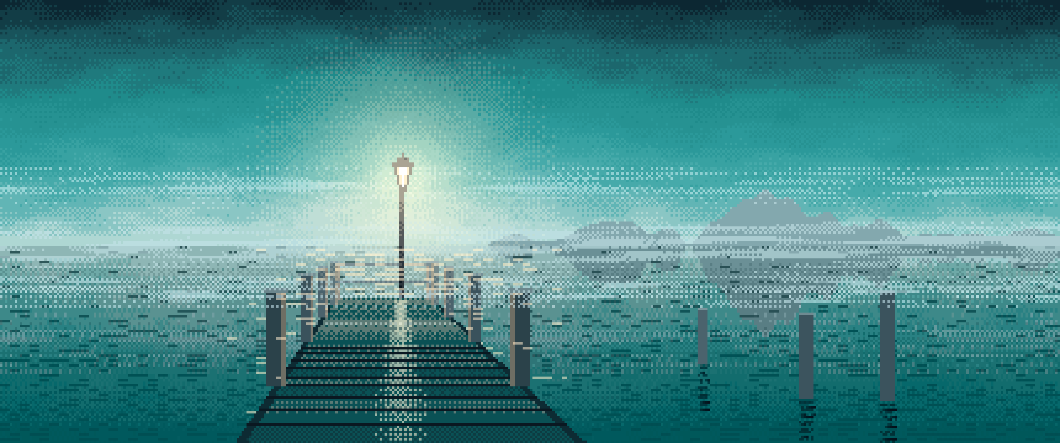 Teal Pixel Art Lonely Pier in the Fog ultrawide wallpaper, 3440 × 1440