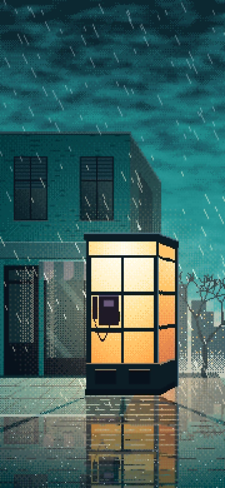 Teal Pixel Art Lonely Telephone Box at Night wallpaper for iPhone and Android
