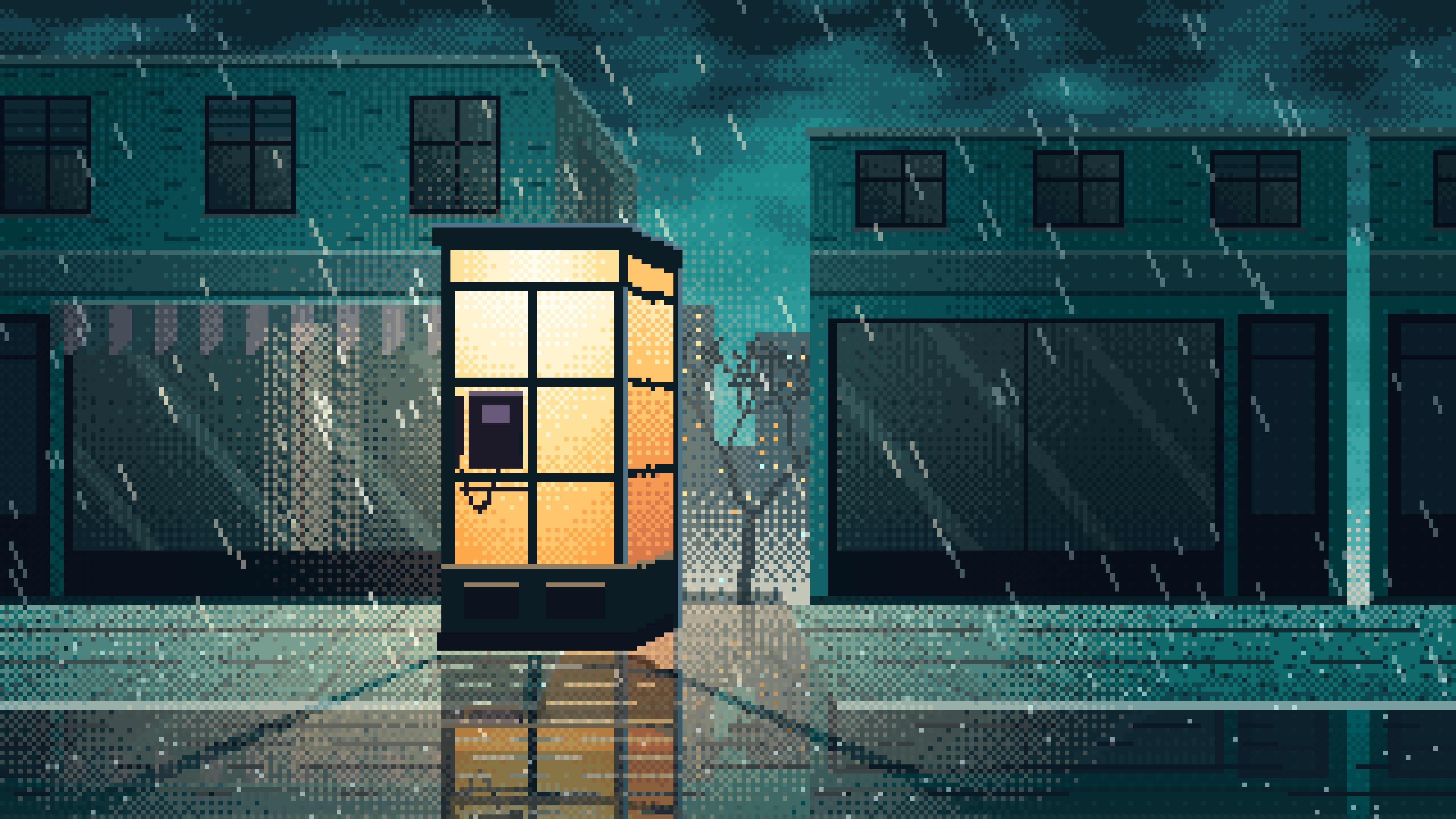 Teal Pixel Art Lonely Telephone Box at Night desktop wallpaper in 4K