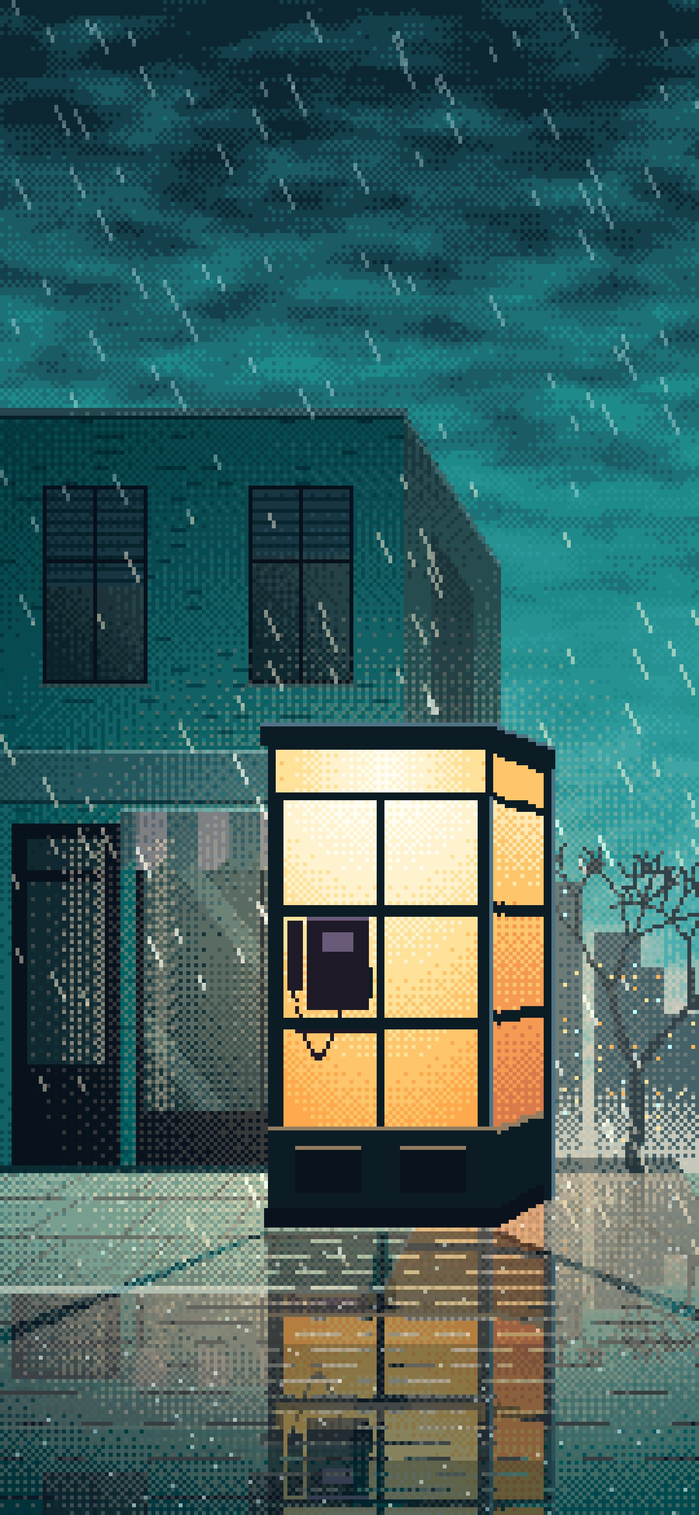 Teal Pixel Art Lonely Telephone Box at Night wallpaper for iPhone and Android