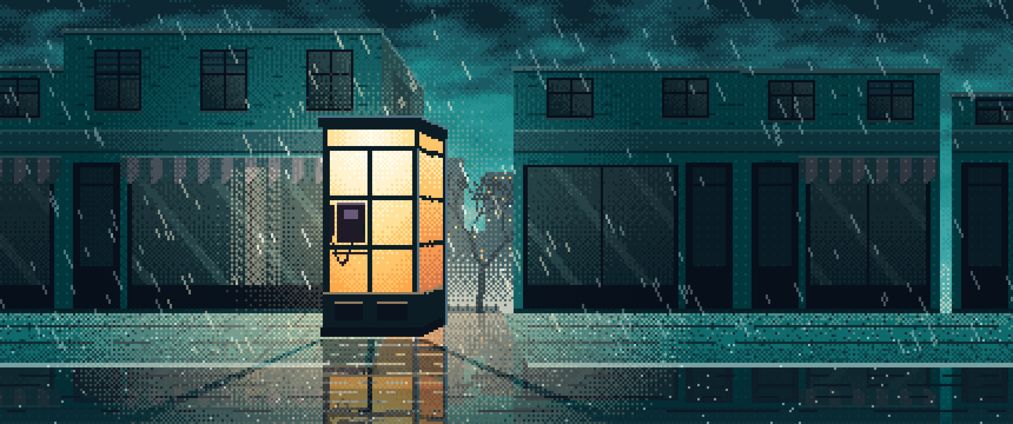 Teal Pixel Art Lonely Telephone Box at Night ultrawide wallpaper, 3440 × 1440