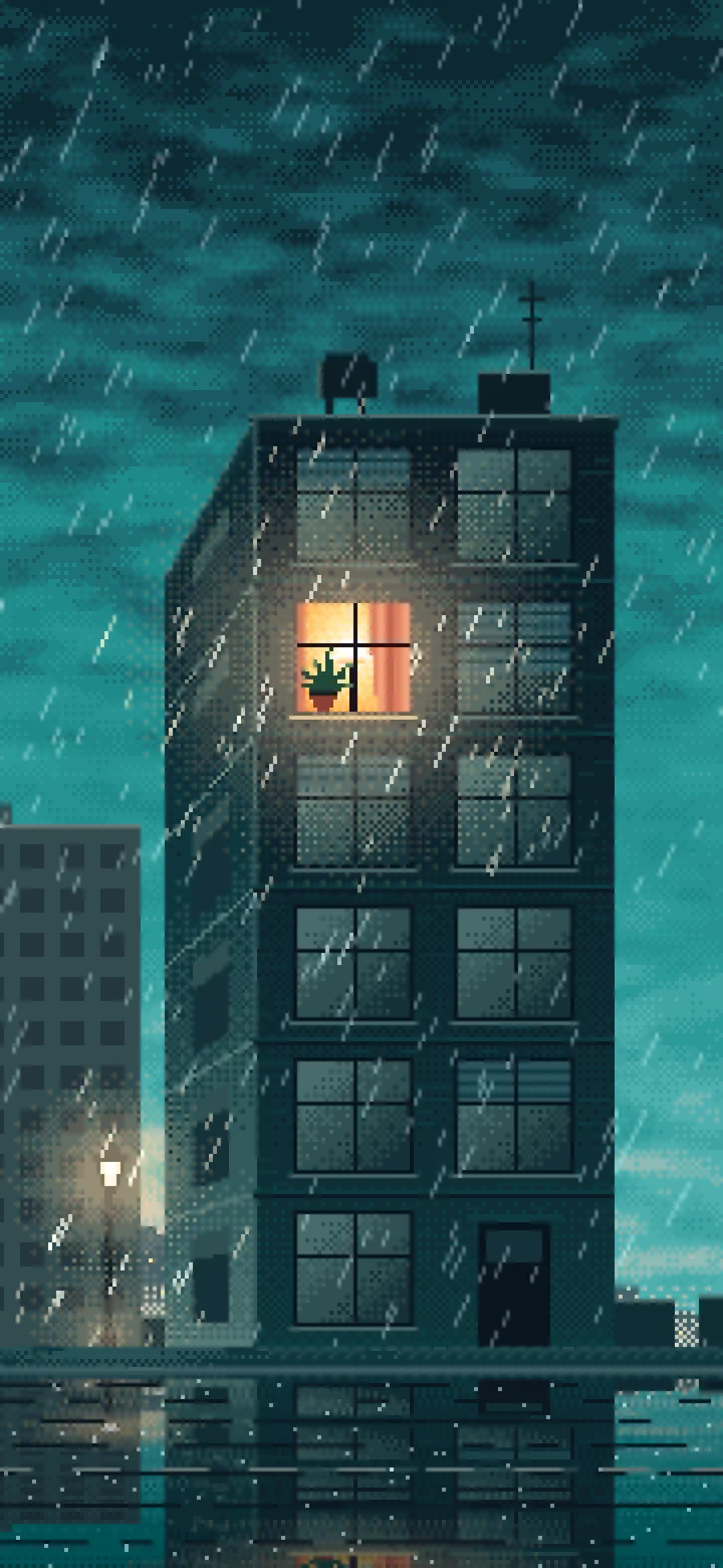 Teal Pixel Art Lonely Window in the Rain wallpaper for iPhone and Android