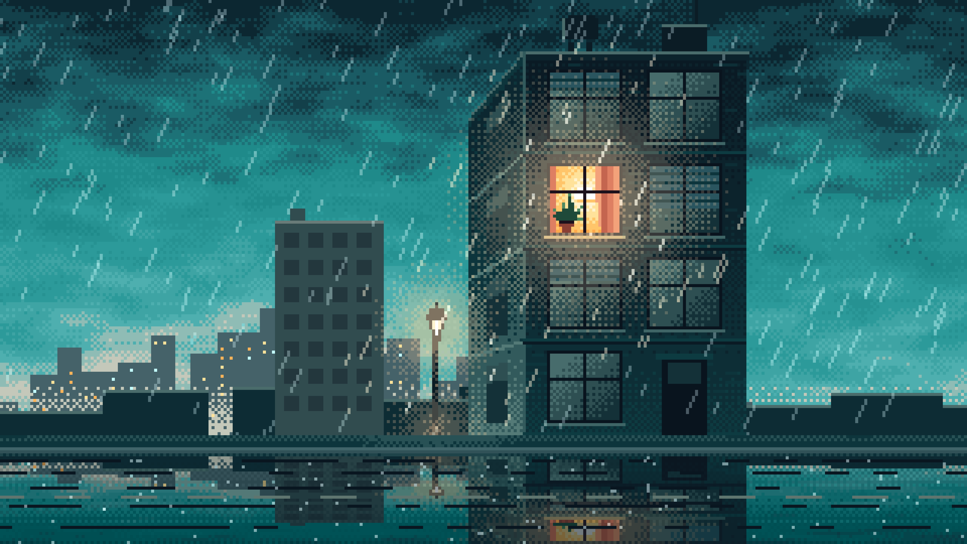 Teal Pixel Art Lonely Window in the Rain desktop wallpaper in 4K