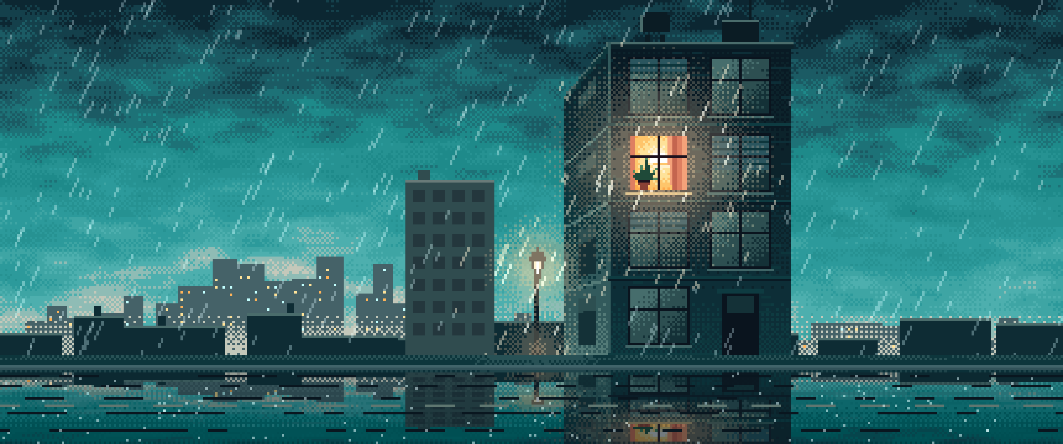 Teal Pixel Art Lonely Window in the Rain ultrawide wallpaper, 3440 × 1440