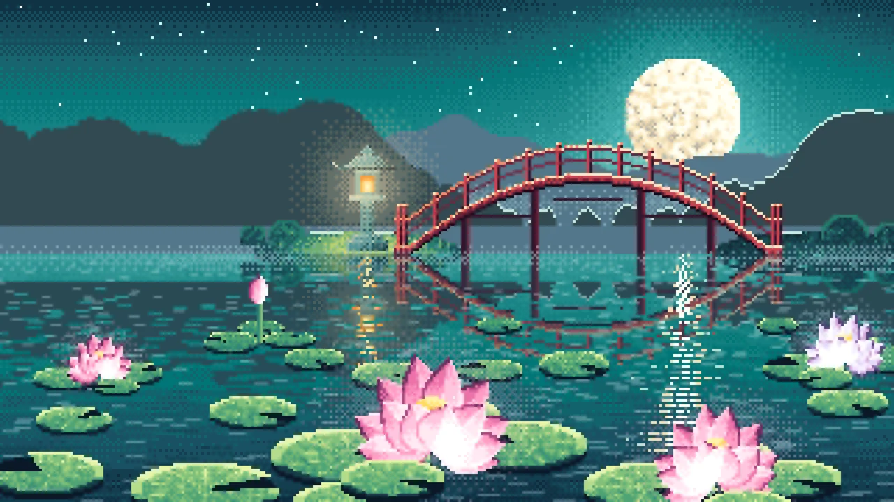 Teal Pixel Art Lotus Pond at Night desktop wallpaper in 4K