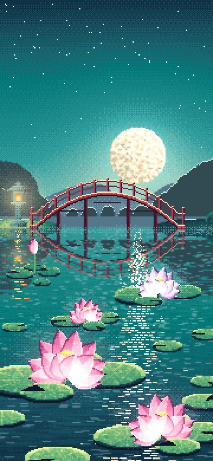 Teal Pixel Art Lotus Pond at Night wallpaper for iPhone and Android