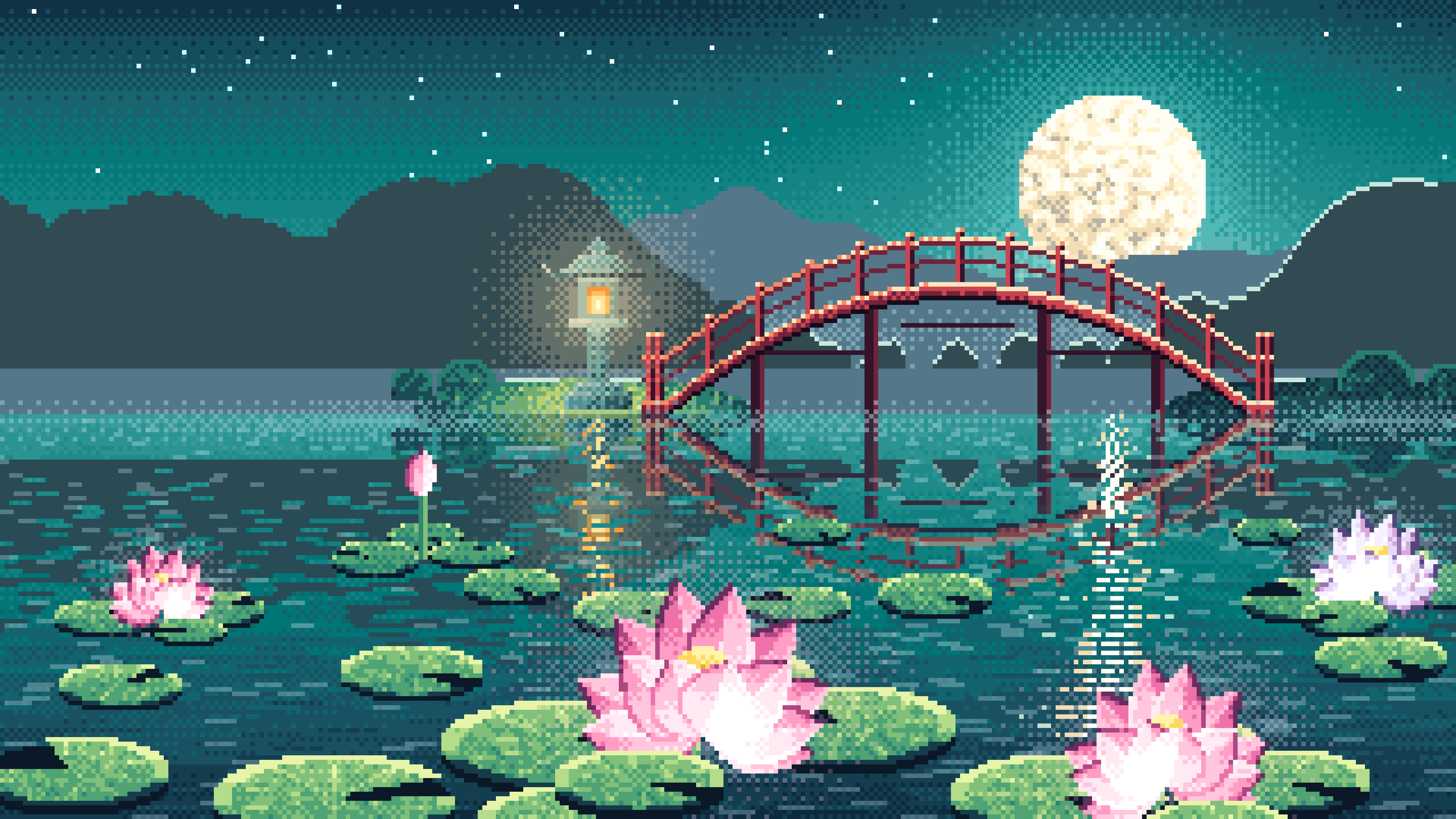 Teal Pixel Art Lotus Pond at Night desktop wallpaper in 4K